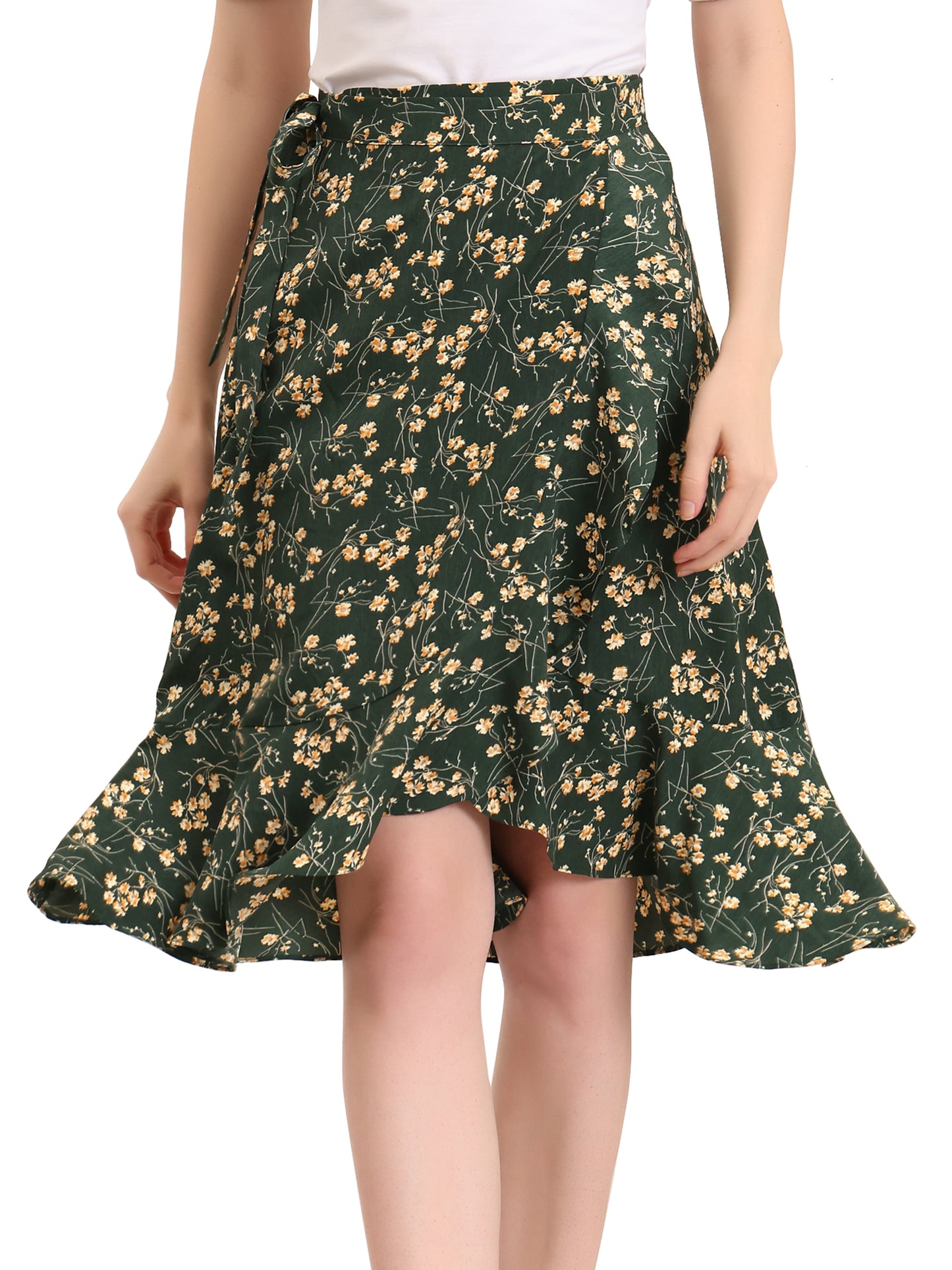 Women's Floral Printed Self Tie Knot High-Low Ruffle Hem Wrap Skirt