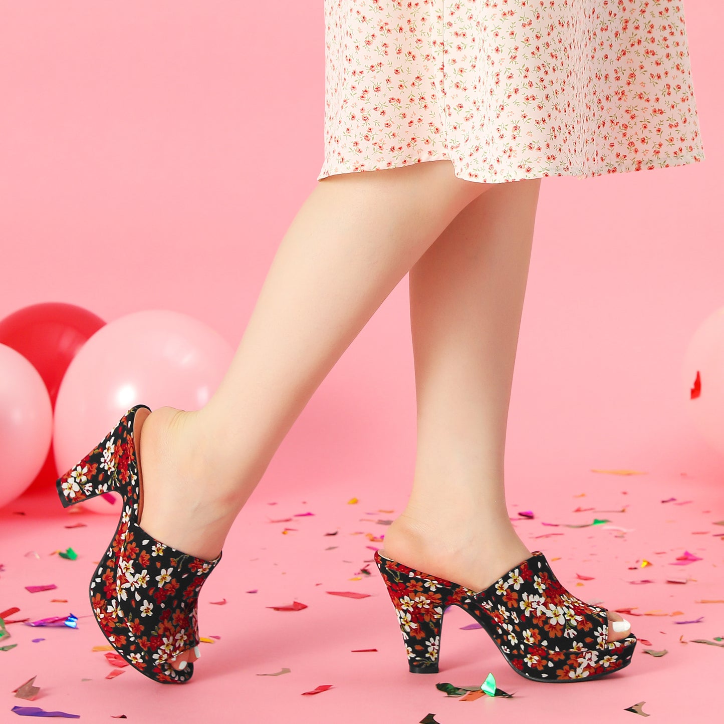 Women Platform Floral Chunky Heel Slides Sandals