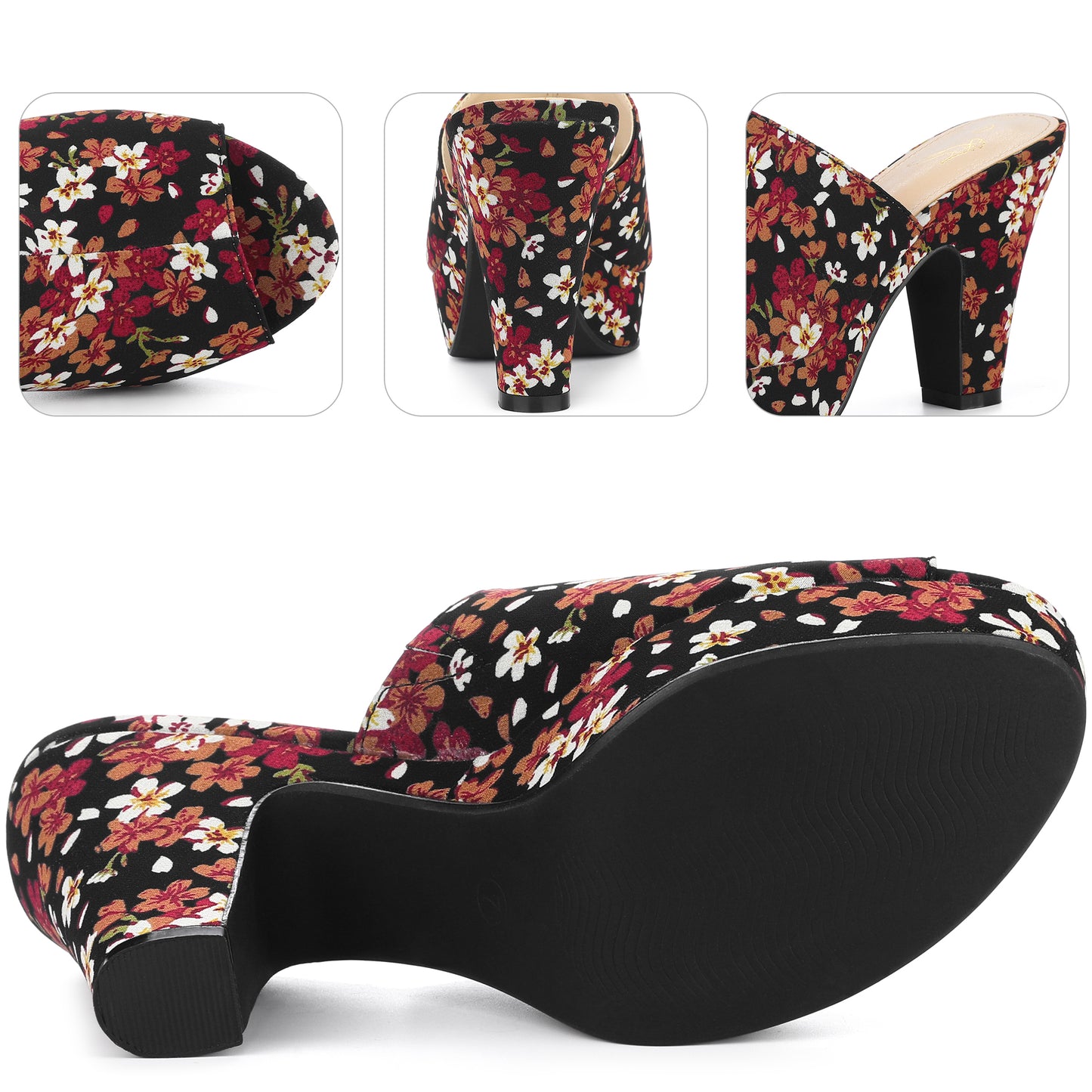 Women Platform Floral Chunky Heel Slides Sandals