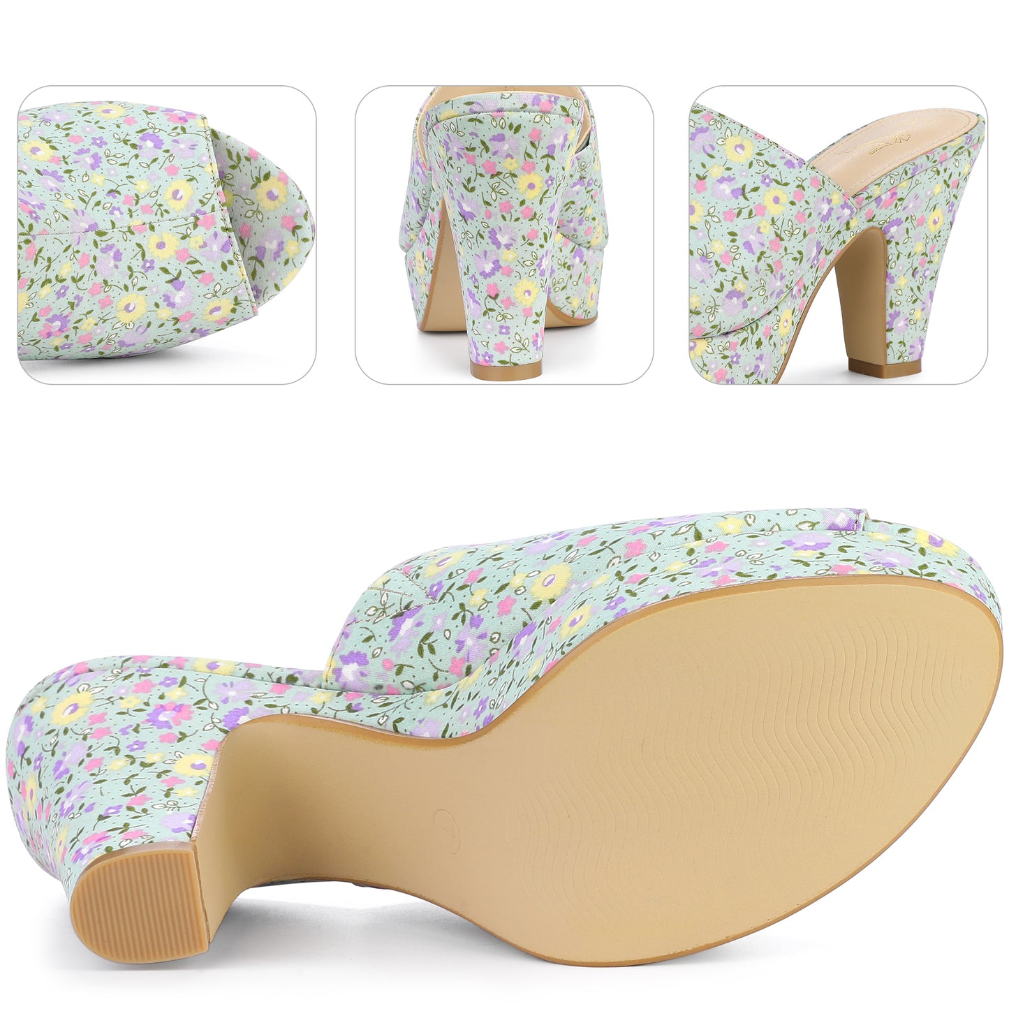 Women Platform Floral Chunky Heel Slides Sandals