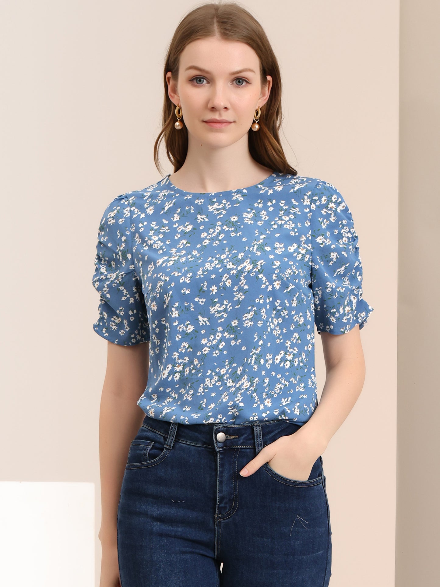 Women's Floral Crew Neck Summer Shirred Short Sleeve Blouse