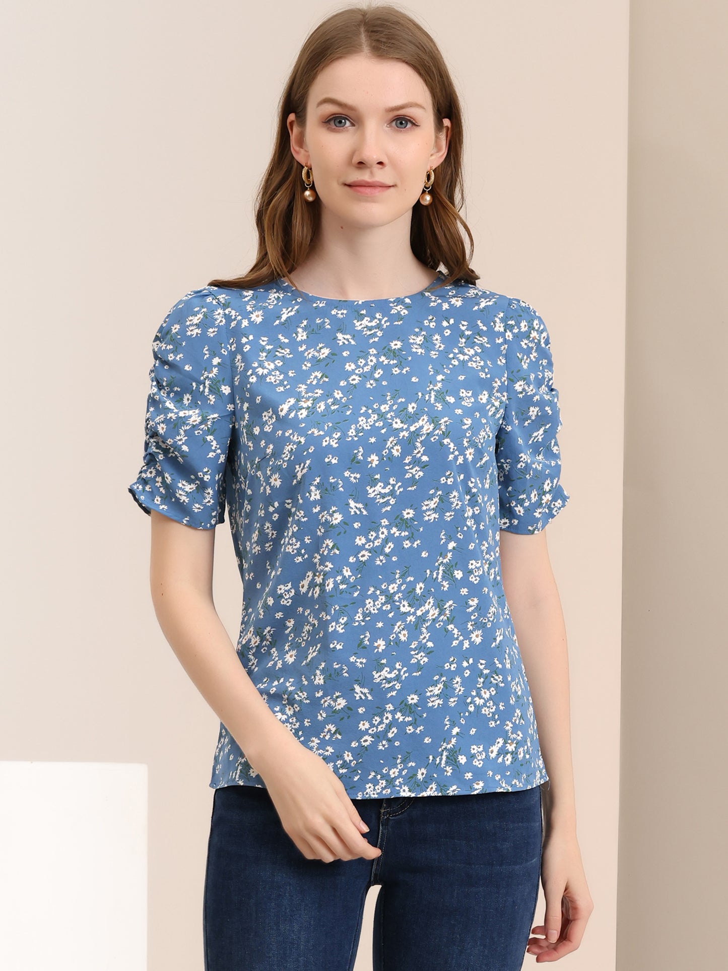 Women's Floral Crew Neck Summer Shirred Short Sleeve Blouse