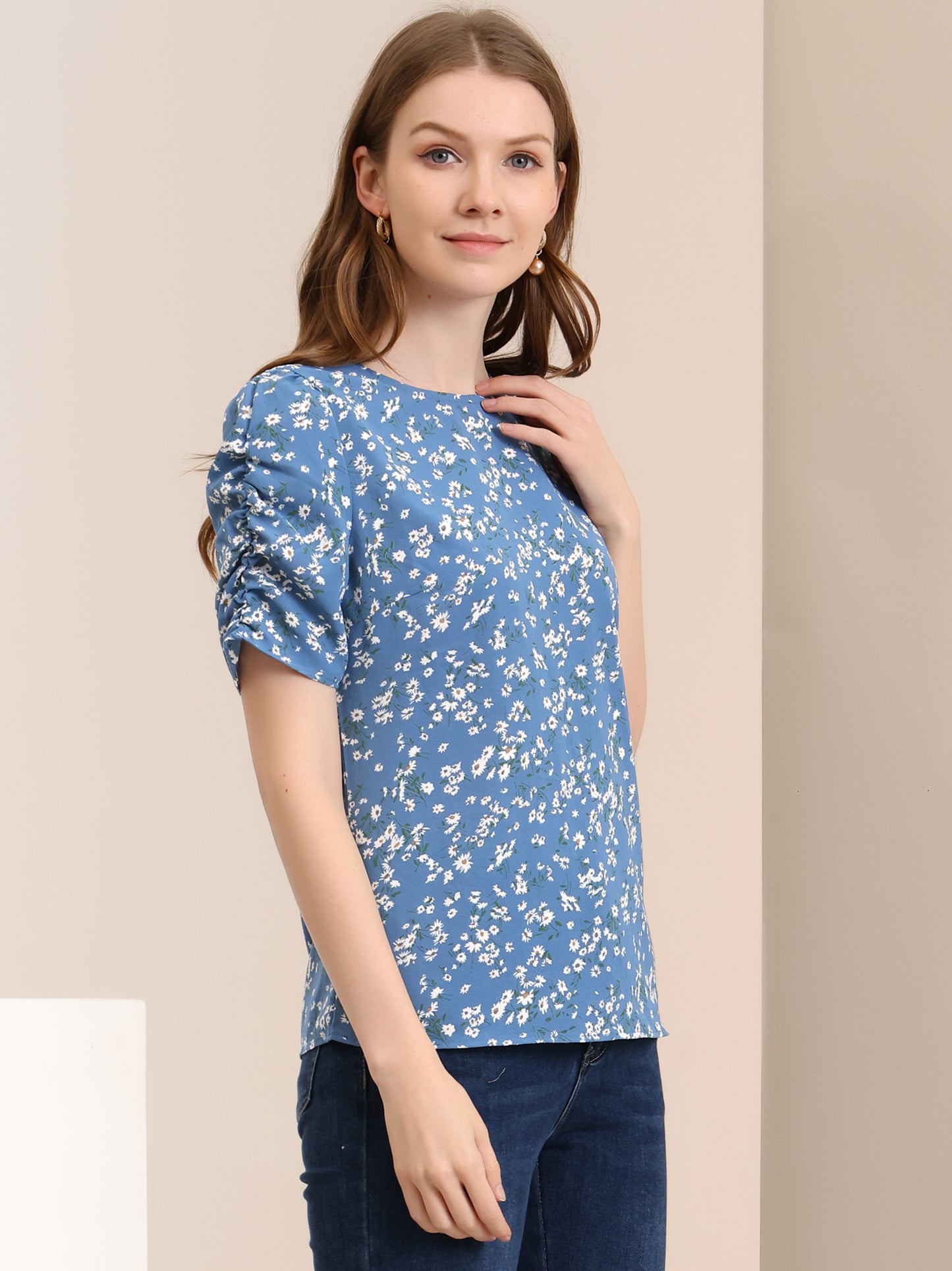 Women's Floral Crew Neck Summer Shirred Short Sleeve Blouse