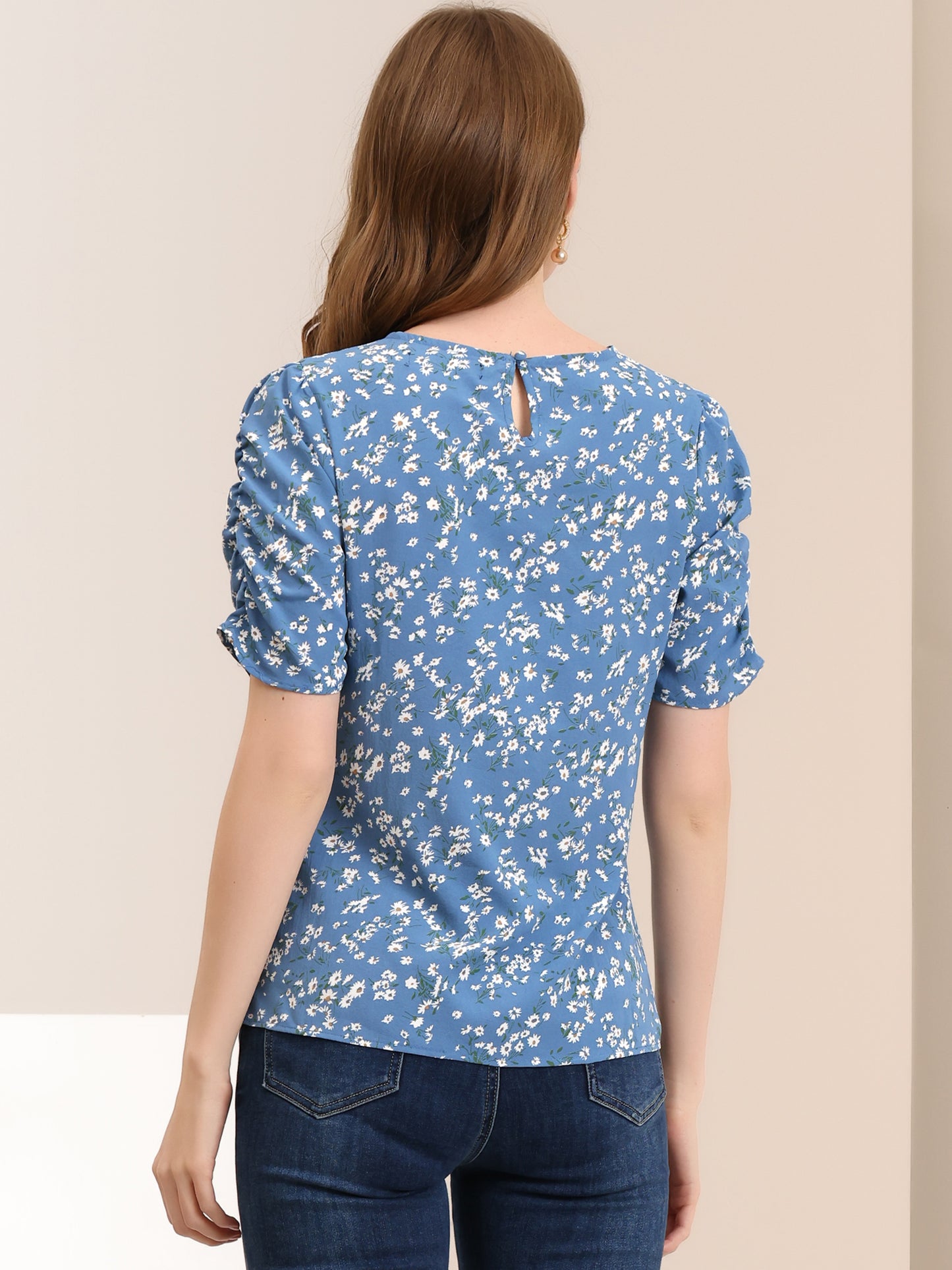 Women's Floral Crew Neck Summer Shirred Short Sleeve Blouse