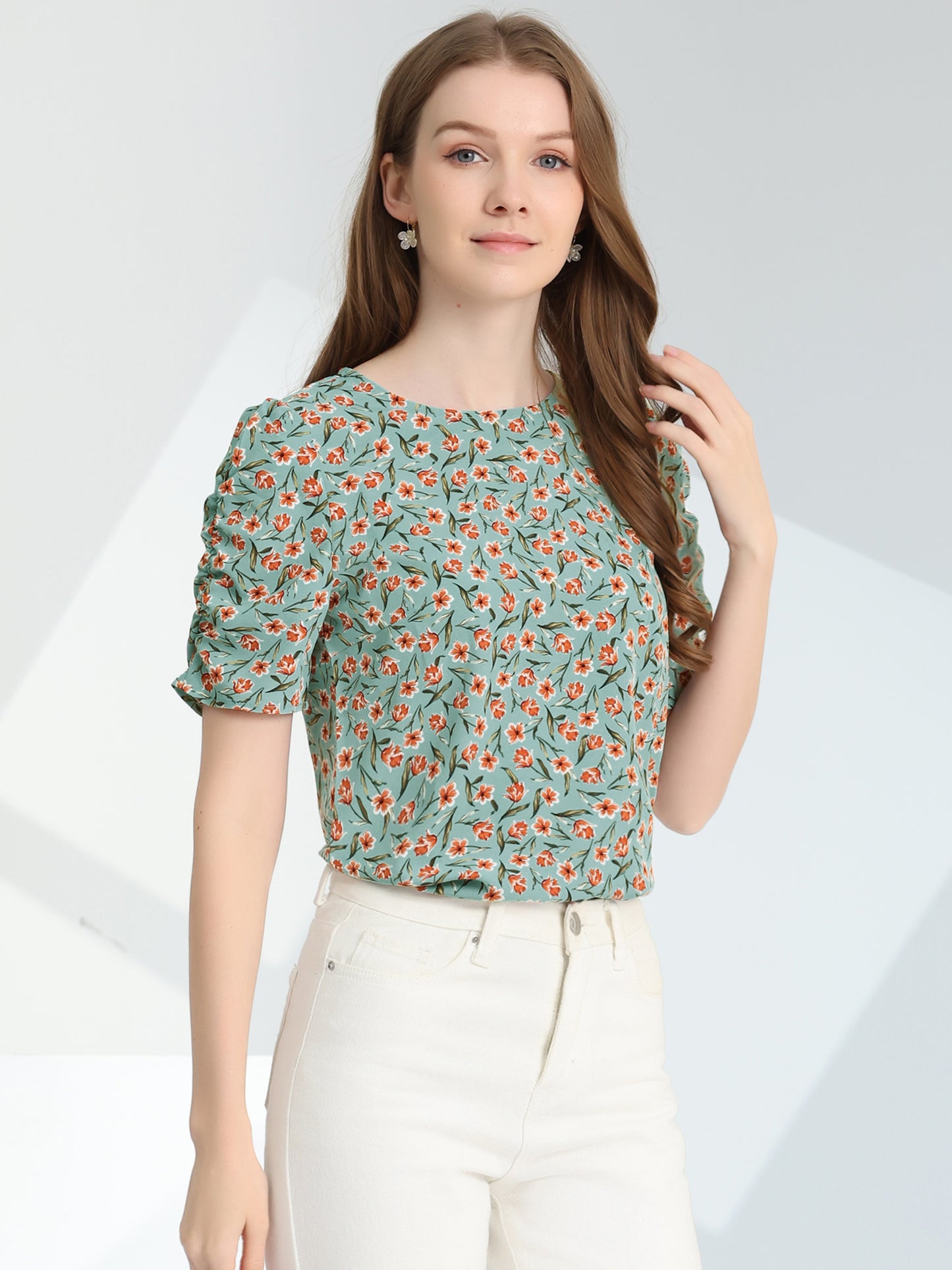 Women's Floral Crew Neck Summer Shirred Short Sleeve Blouse