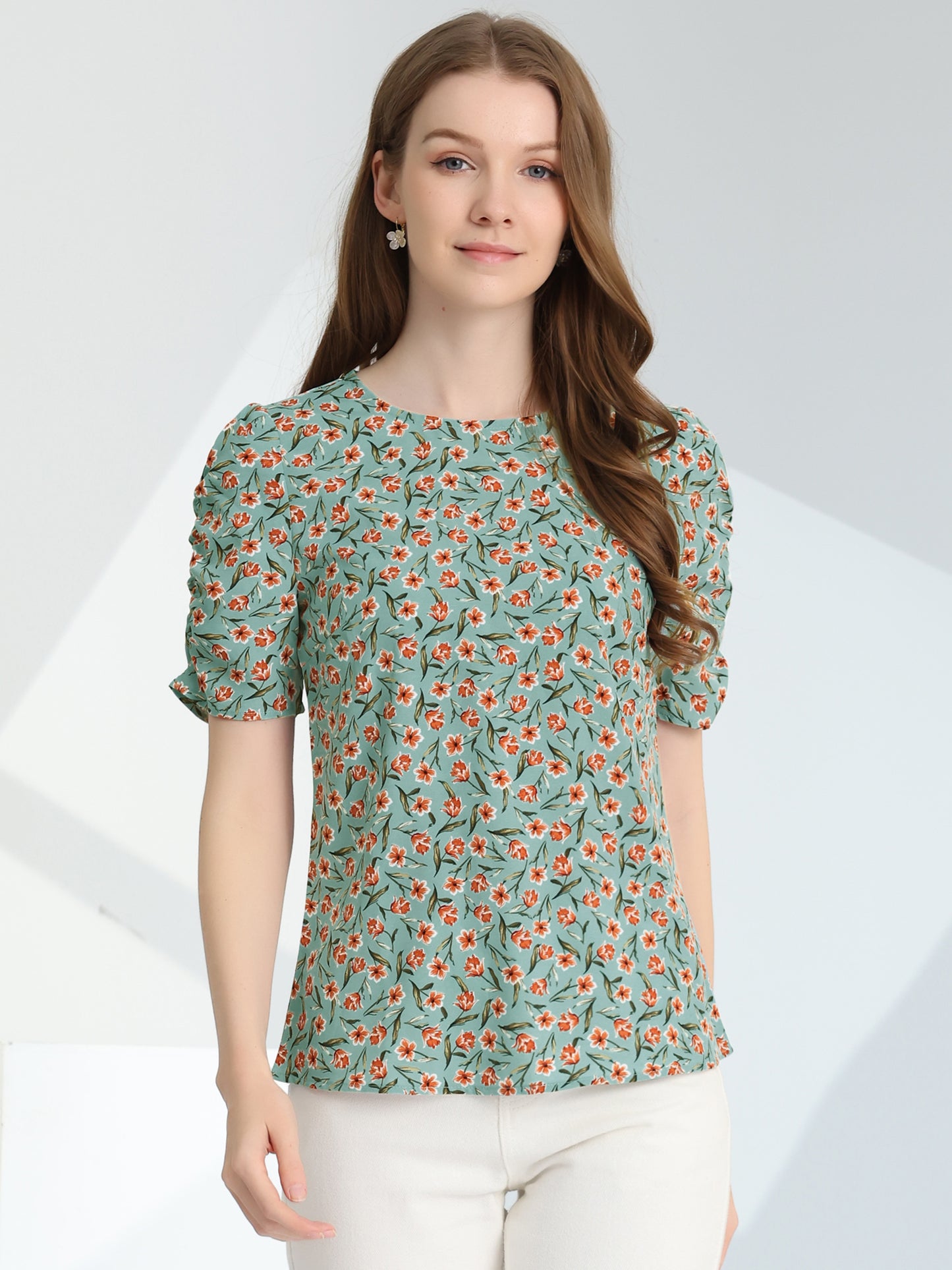 Women's Floral Crew Neck Summer Shirred Short Sleeve Blouse