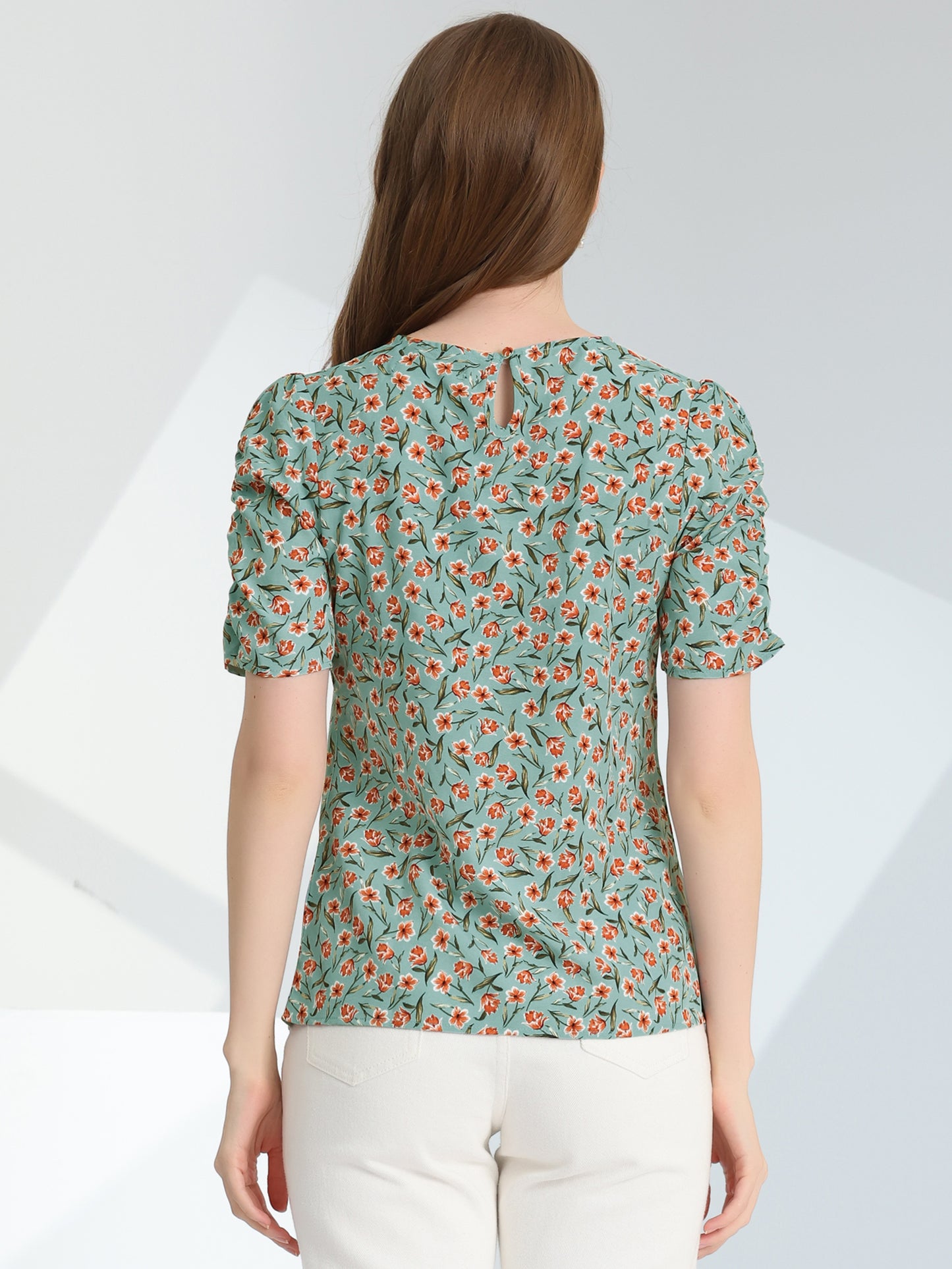 Women's Floral Crew Neck Summer Shirred Short Sleeve Blouse