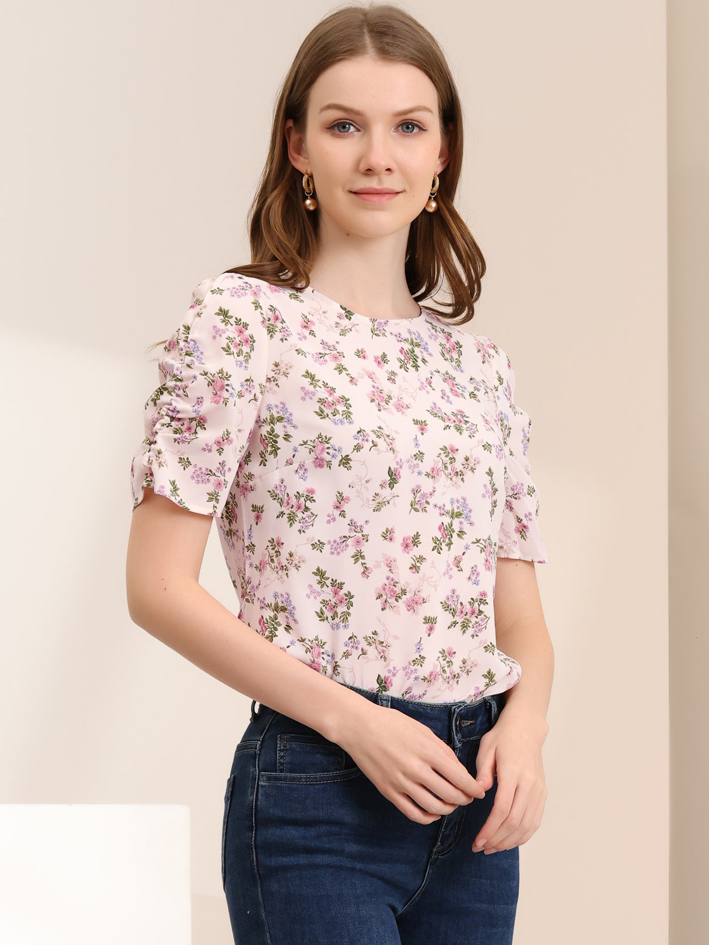 Women's Floral Crew Neck Summer Shirred Short Sleeve Blouse