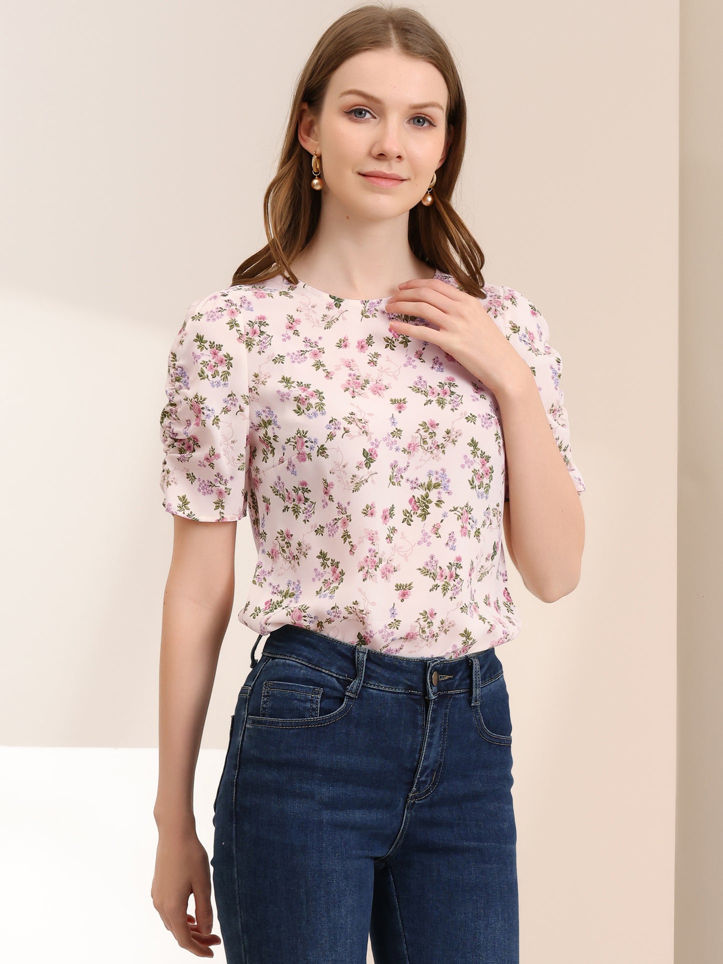 Women's Floral Crew Neck Summer Shirred Short Sleeve Blouse