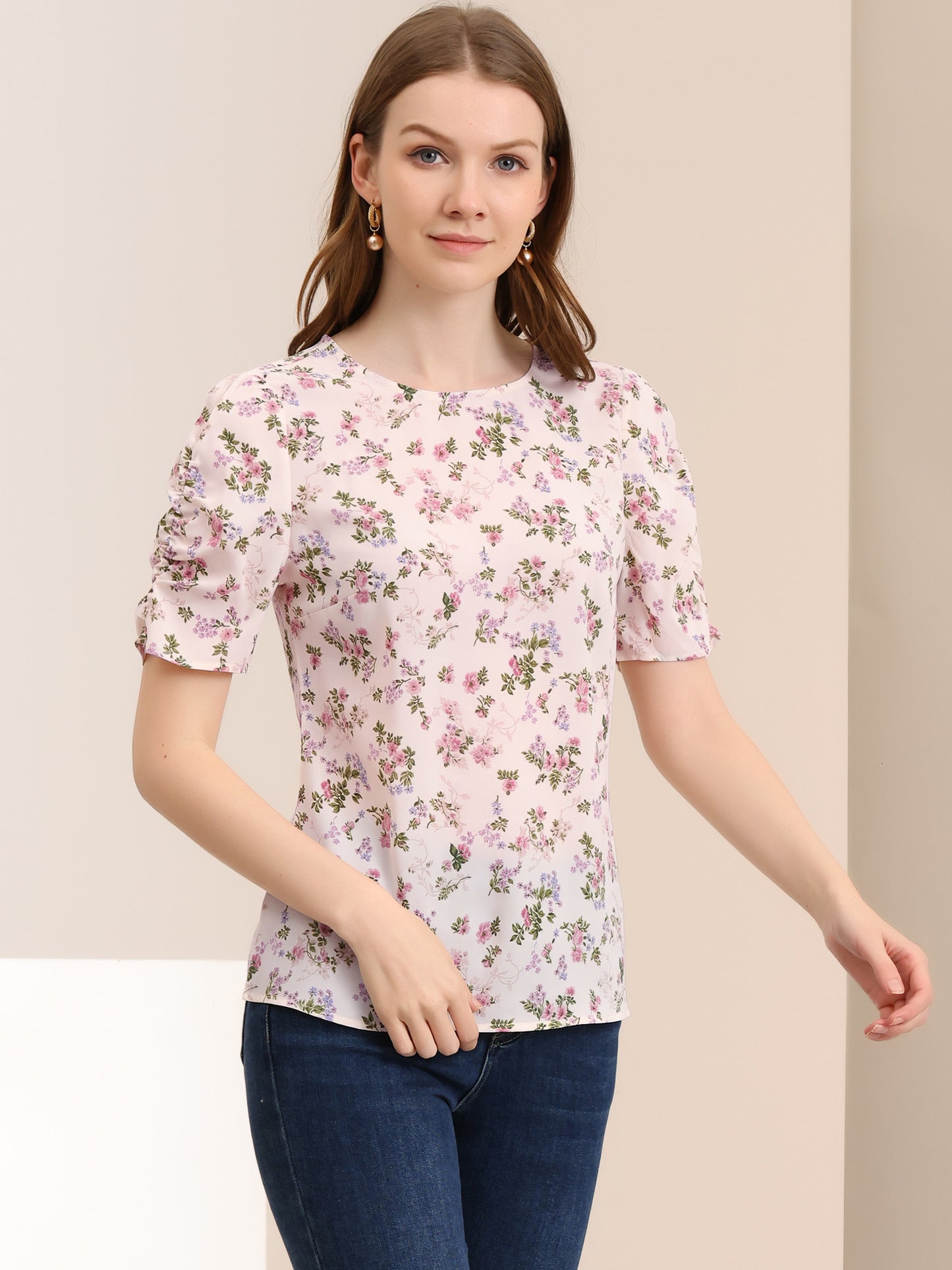 Women's Floral Crew Neck Summer Shirred Short Sleeve Blouse