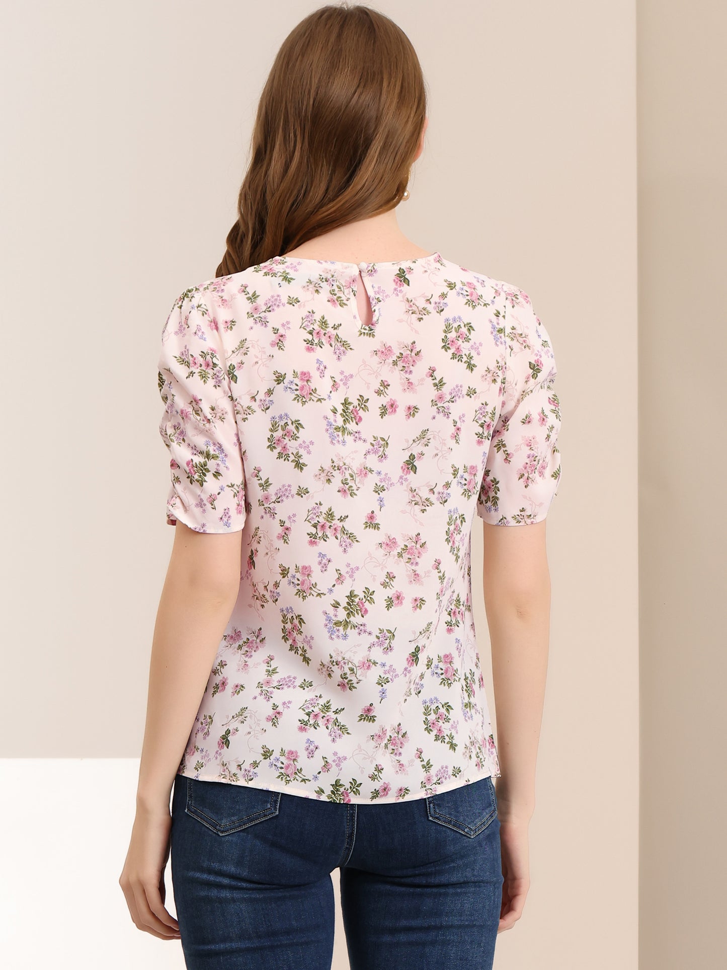 Women's Floral Crew Neck Summer Shirred Short Sleeve Blouse