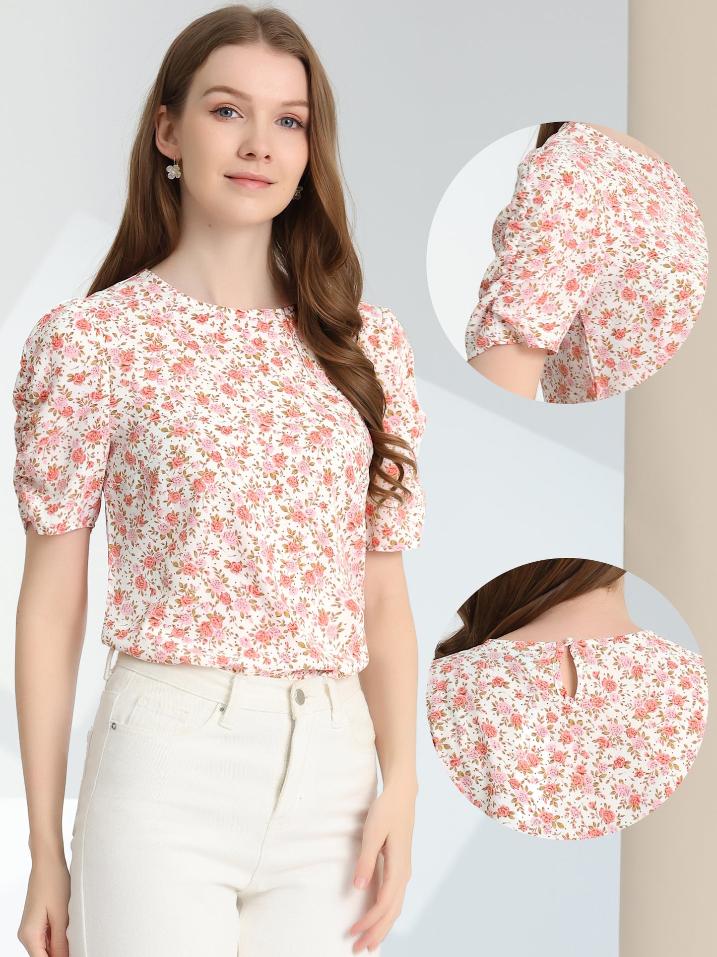 Women's Floral Crew Neck Summer Shirred Short Sleeve Blouse