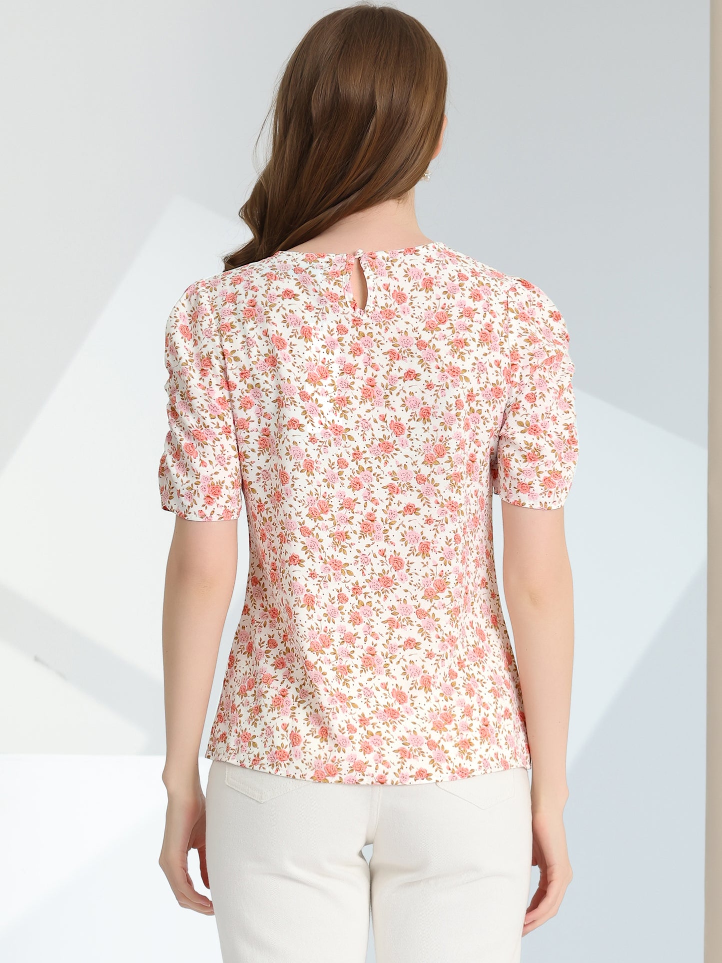 Women's Floral Crew Neck Summer Shirred Short Sleeve Blouse