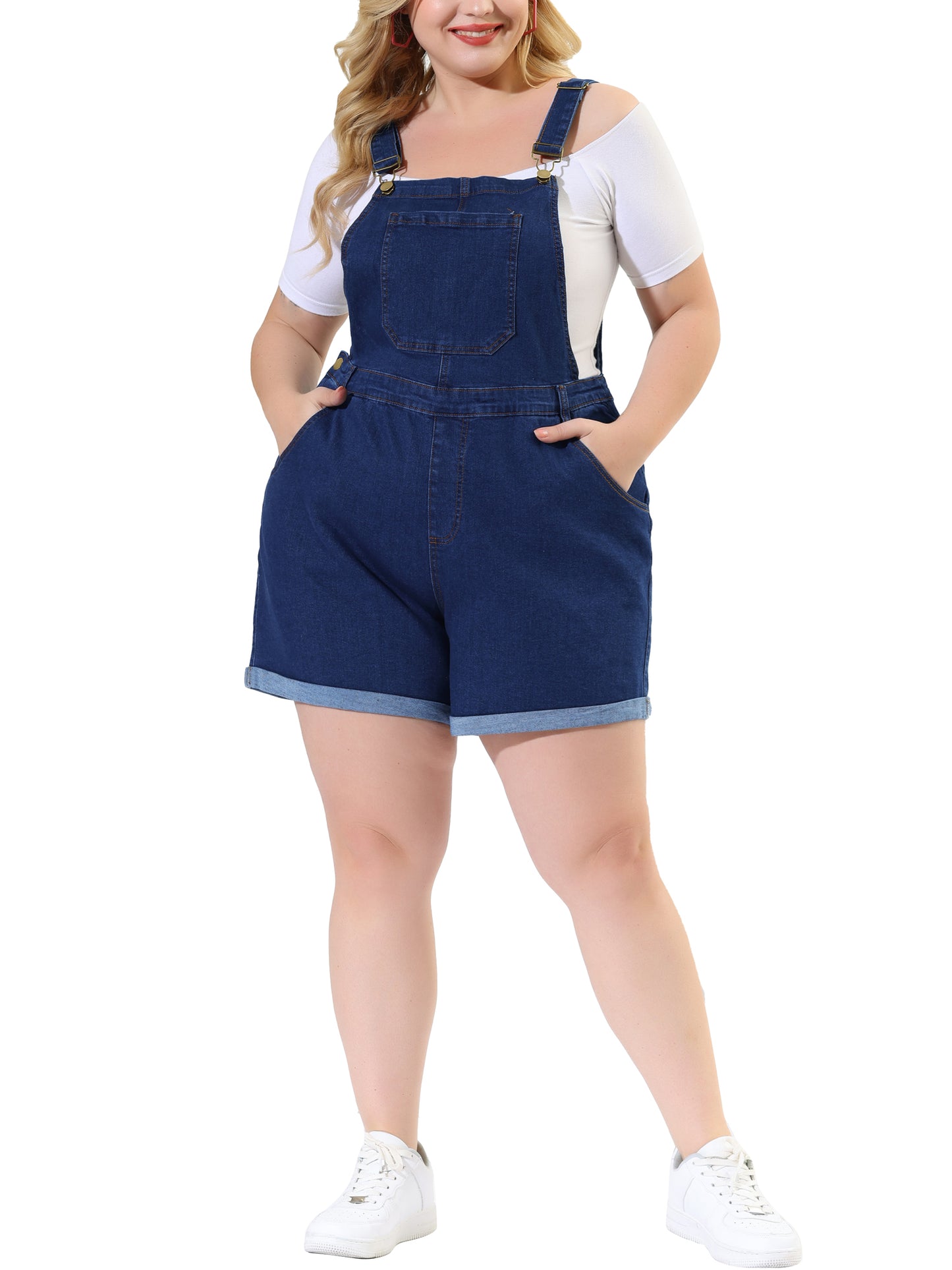 Mono de mezclilla con bolsillos y dobladillo enrollado para mujer, talla grande