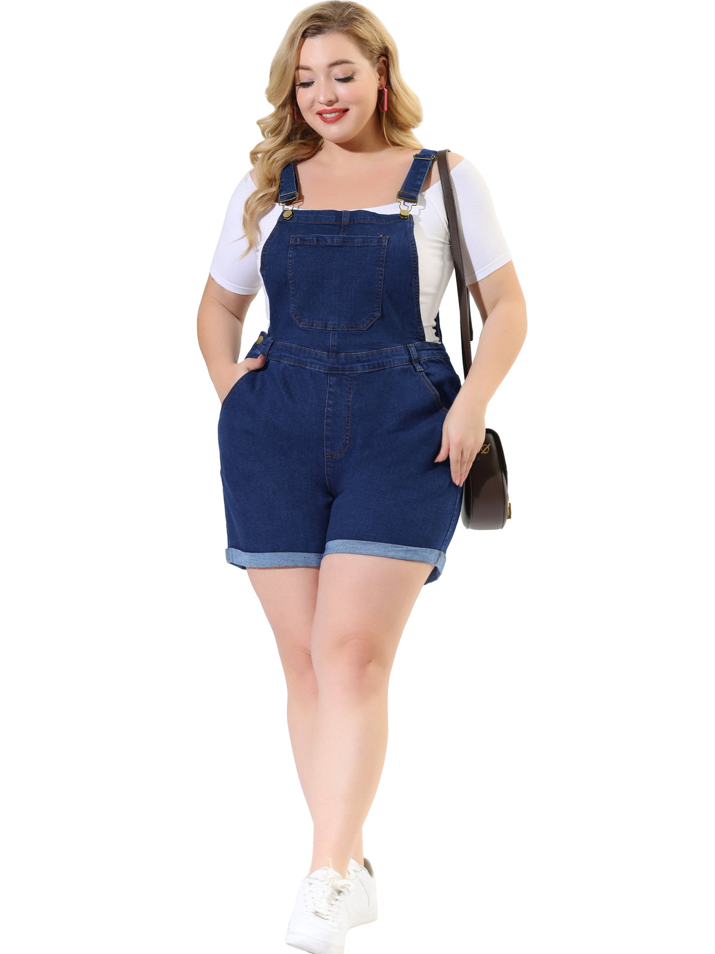 Mono de mezclilla con bolsillos y dobladillo enrollado para mujer, talla grande
