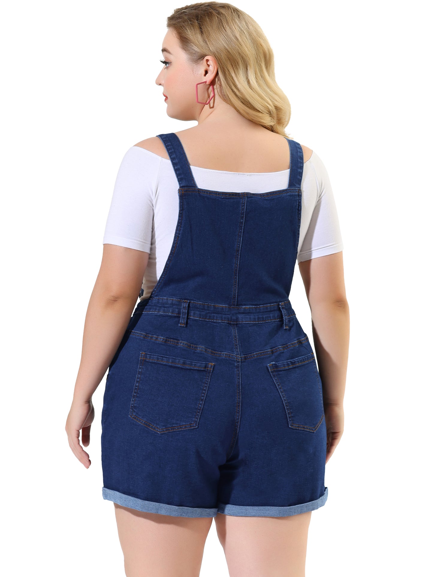 Mono de mezclilla con bolsillos y dobladillo enrollado para mujer, talla grande
