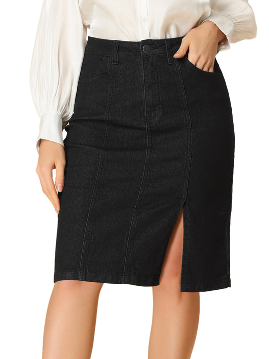 Women's Denim Skirt High Waist Stretch Side Slit Pencil Jean Skirts with Pockets