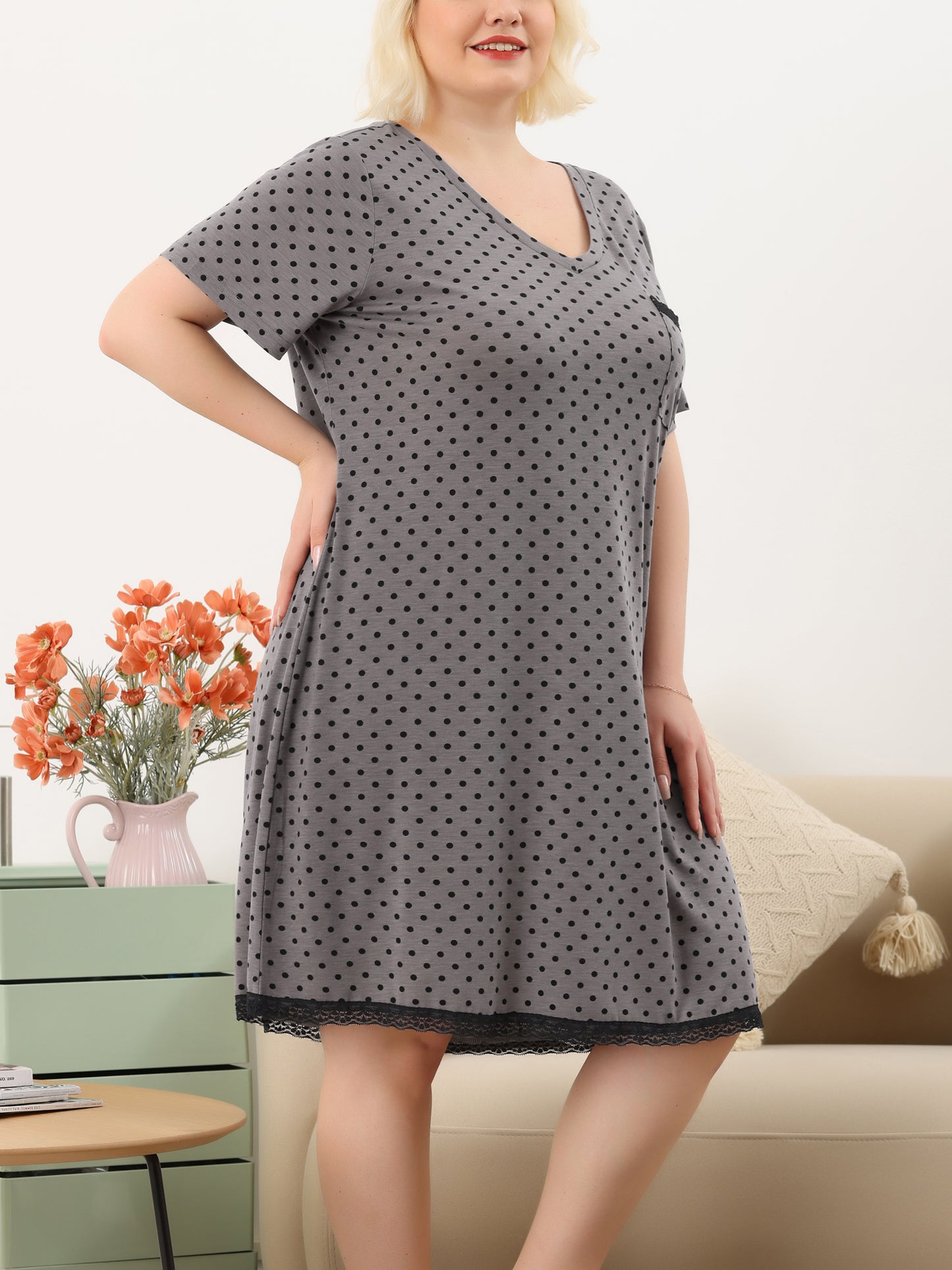 Camisón de talla grande para mujer, ropa de dormir, camisón de manga corta con ribete de encaje, vestido de pijama