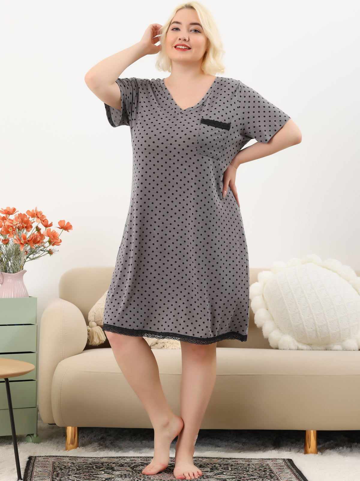 Women's Plus Size Nightgown Sleepwear Short Sleeve Lace Trim Pajama Dress