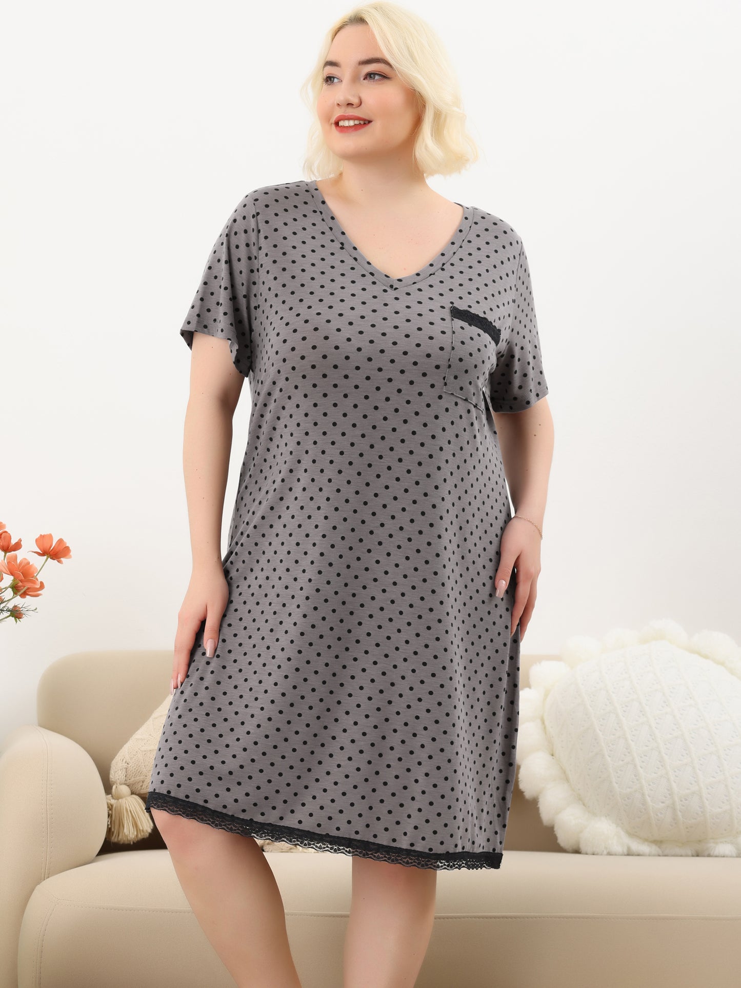 Camisón de talla grande para mujer, ropa de dormir, camisón de manga corta con ribete de encaje, vestido de pijama