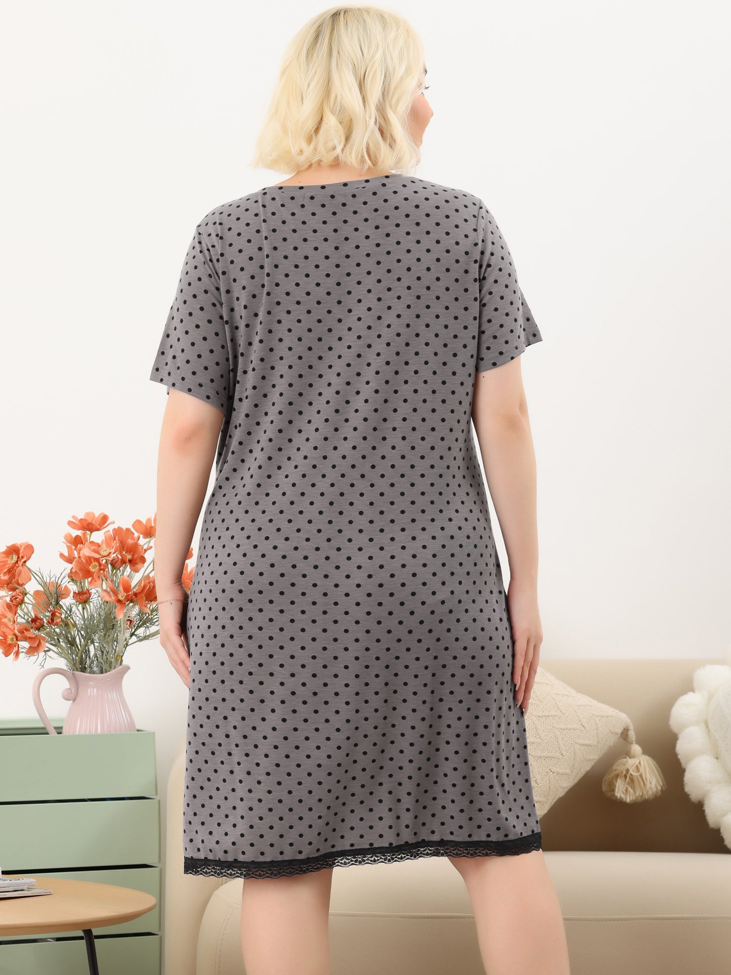 Camisón de talla grande para mujer, ropa de dormir, camisón de manga corta con ribete de encaje, vestido de pijama