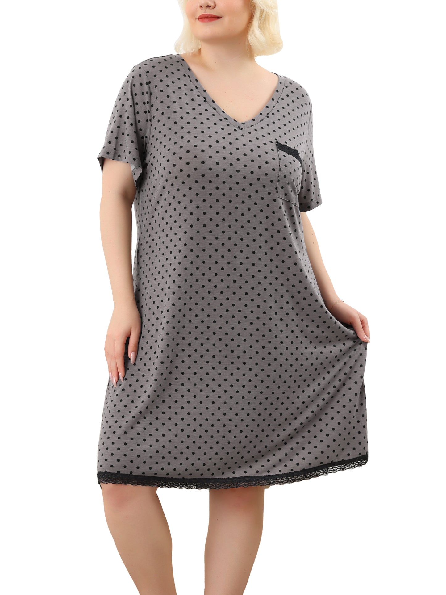 Camisón de talla grande para mujer, ropa de dormir, camisón de manga corta con ribete de encaje, vestido de pijama