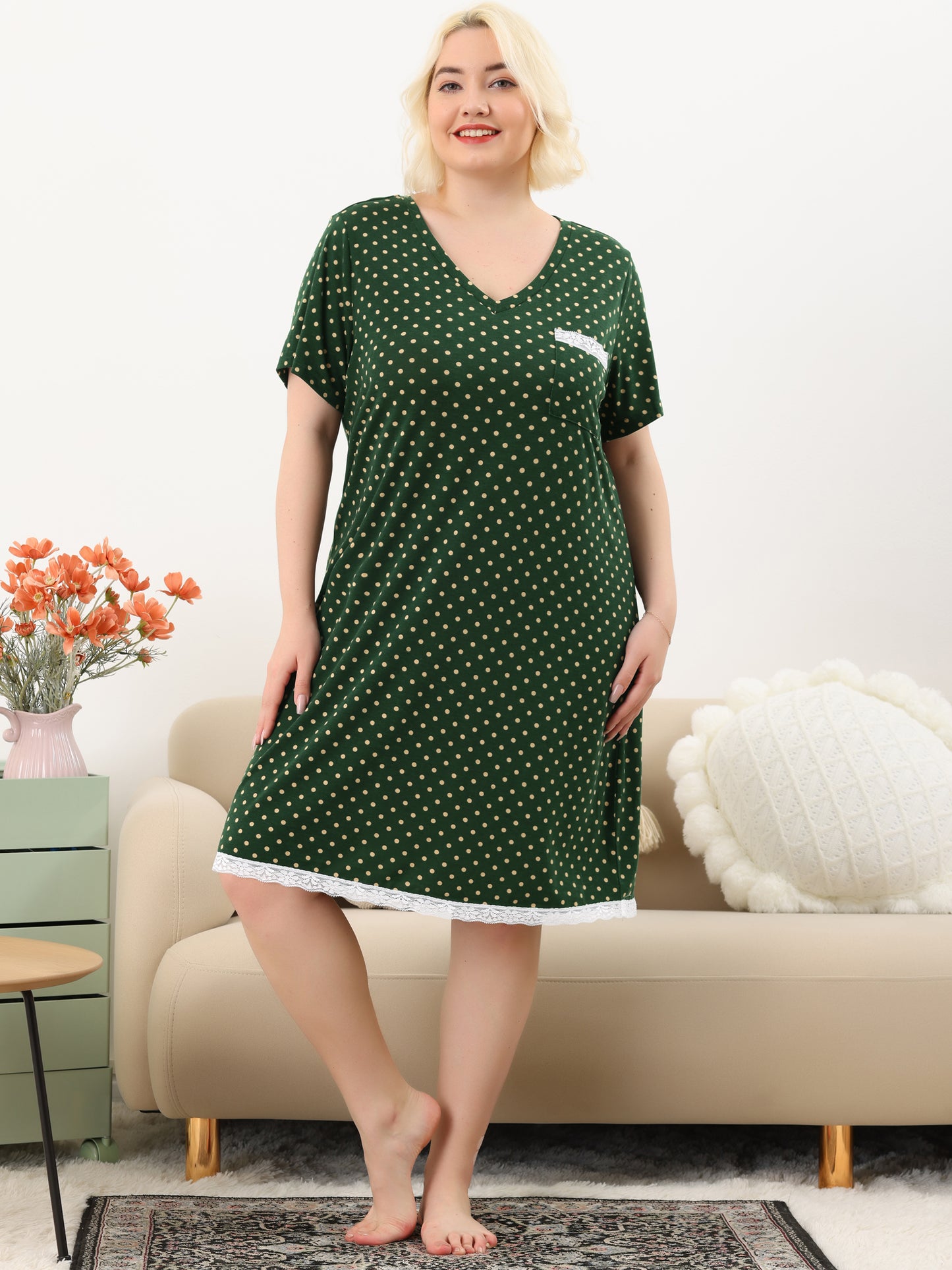Women's Plus Size Nightgown Sleepwear Sleepshirt Short Sleeve Lace Trim Nightshirt Pajama Dress