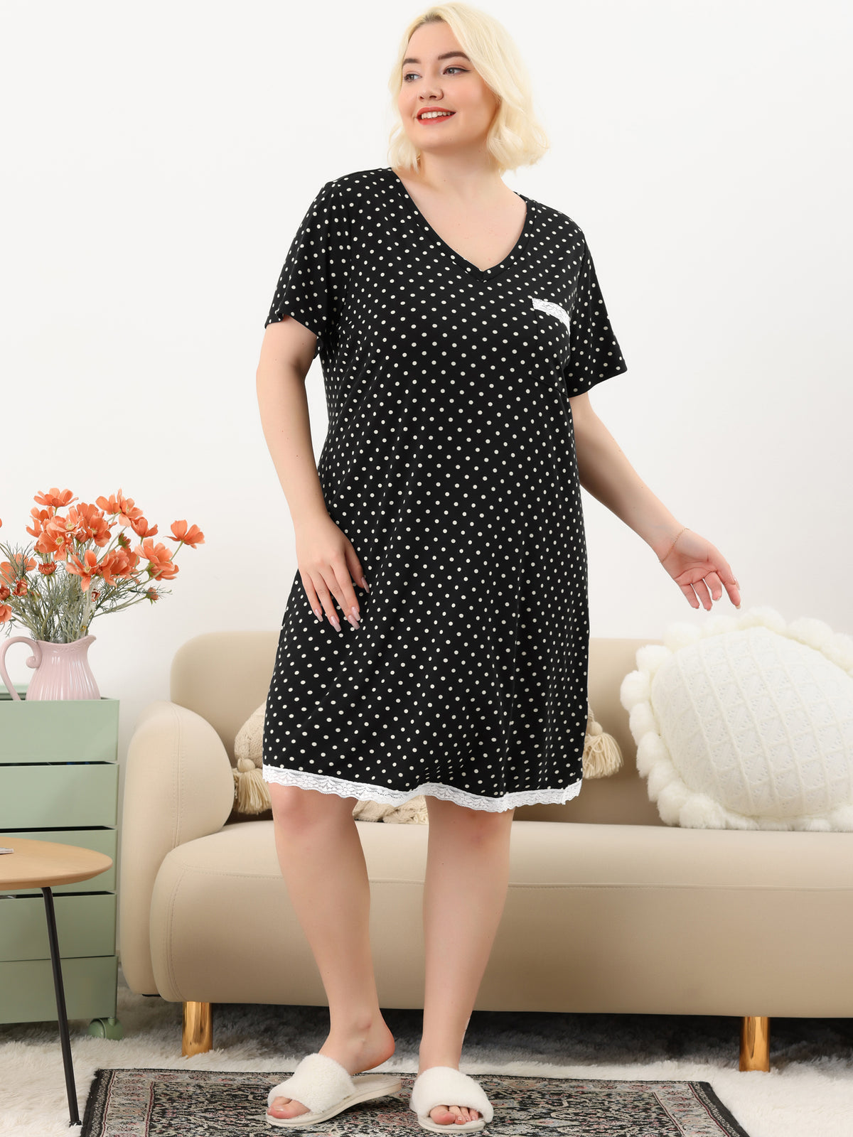 Women's Plus Size Nightgown Sleepwear Short Sleeve Lace Trim Pajama Dress
