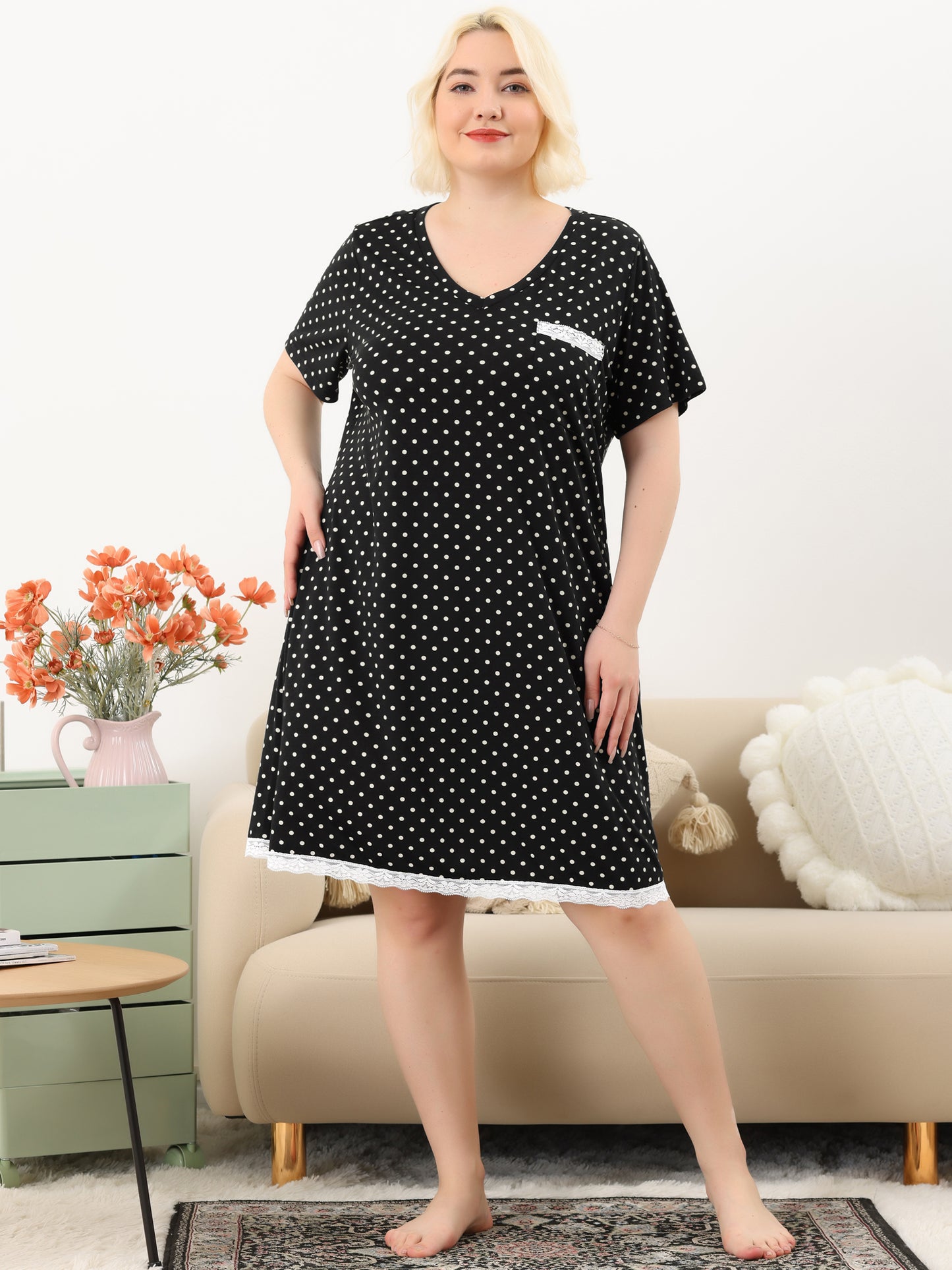 Camisón de talla grande para mujer, ropa de dormir, camisón de manga corta con ribete de encaje, vestido de pijama