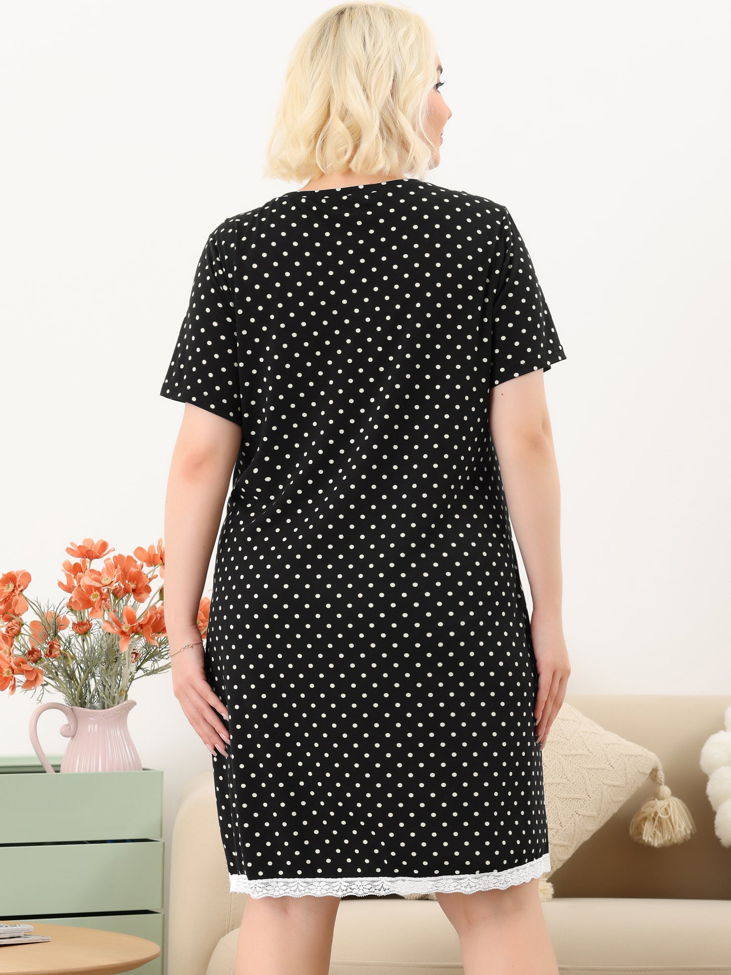 Camisón de talla grande para mujer, ropa de dormir, camisón de manga corta con ribete de encaje, vestido de pijama