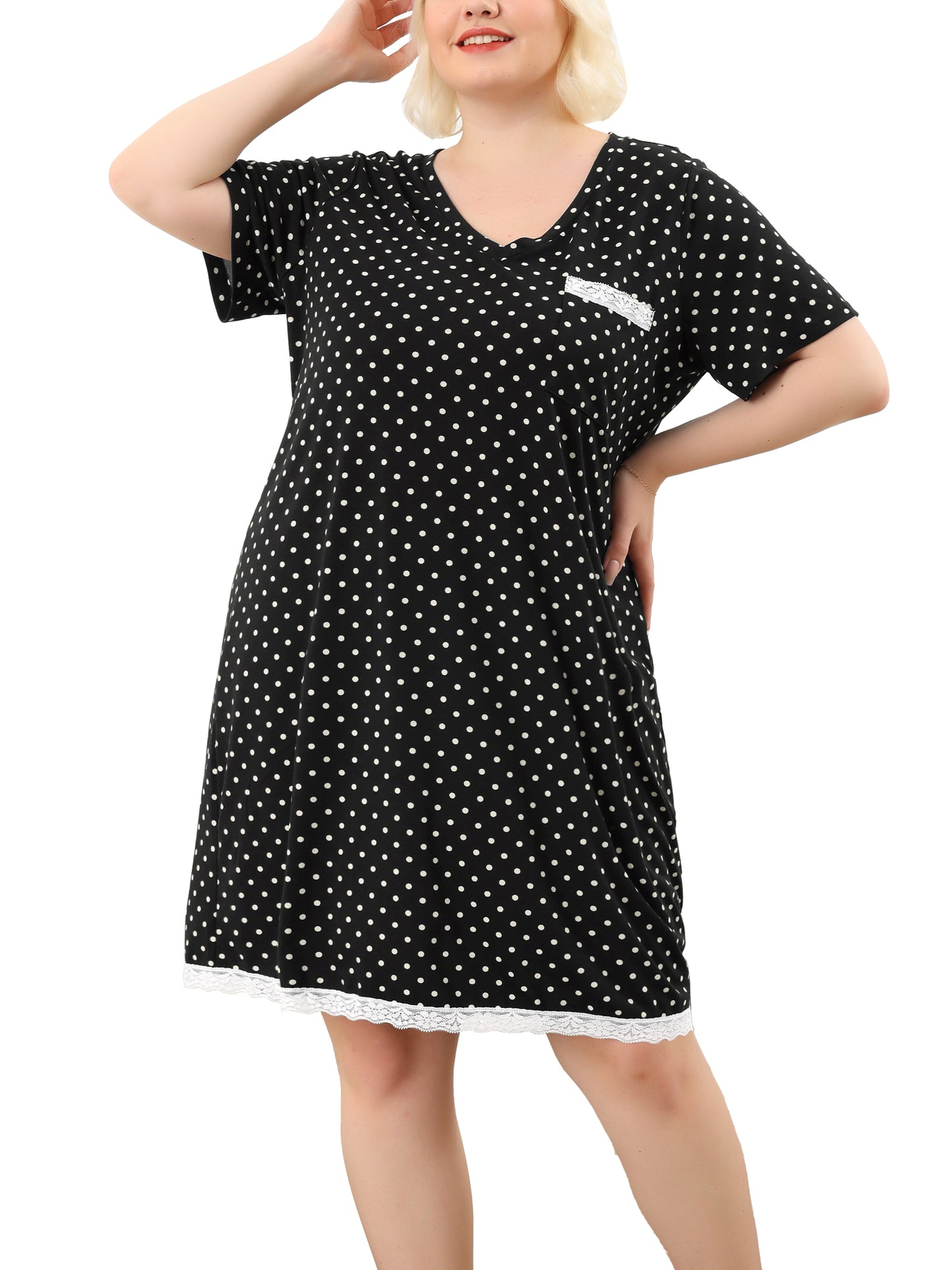 Camisón de talla grande para mujer, ropa de dormir, camisón de manga corta con ribete de encaje, vestido de pijama