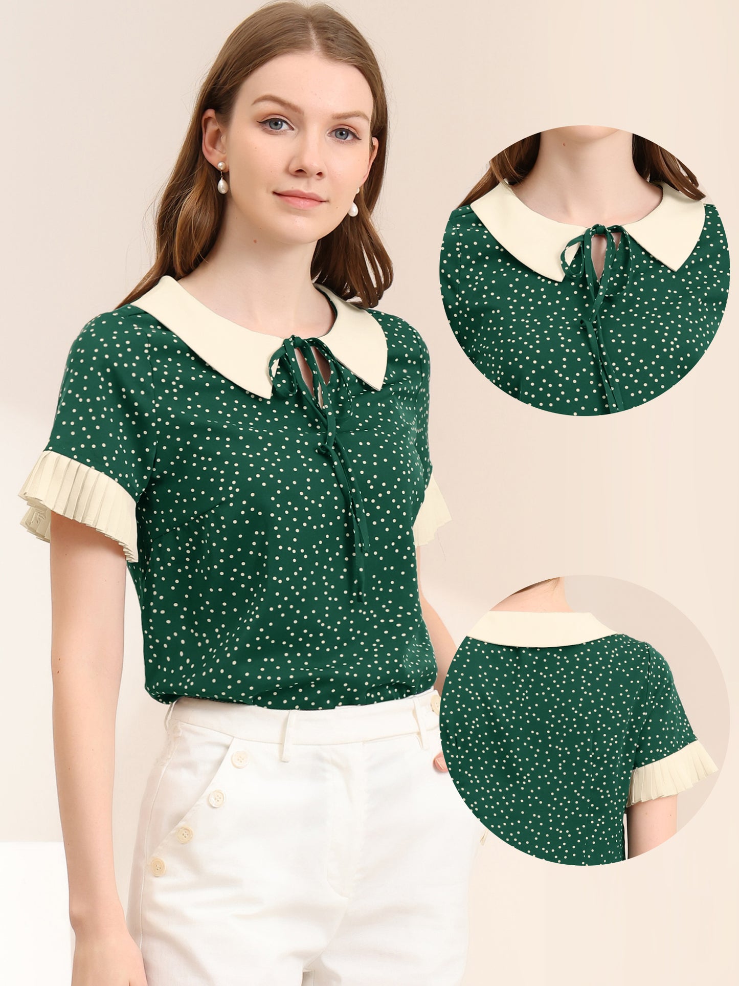 Women's Contrast Doll Collar Polka Dots Short Sleeves Blouse Shirt Top