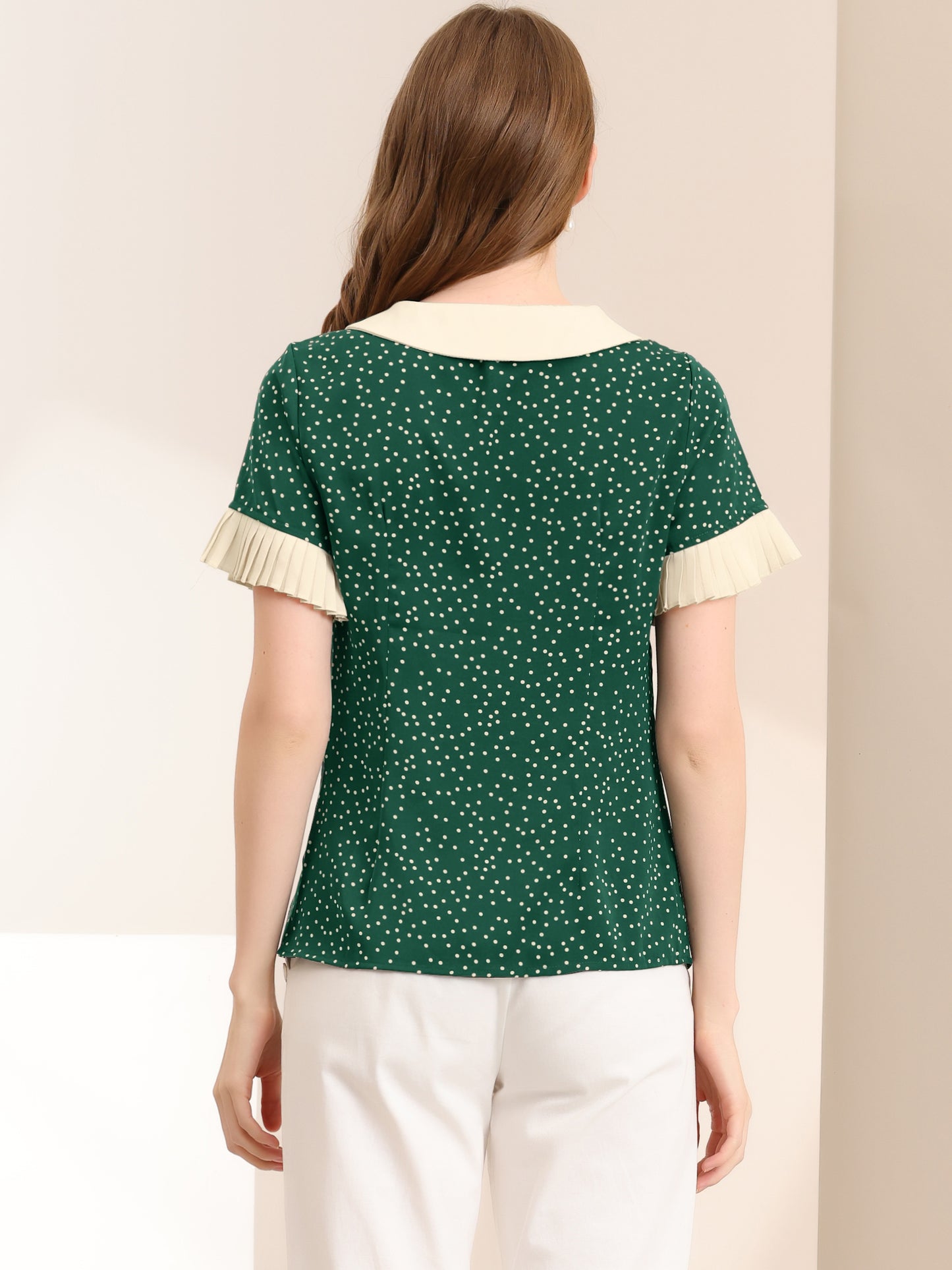 Women's Contrast Doll Collar Polka Dots Short Sleeves Blouse Shirt Top