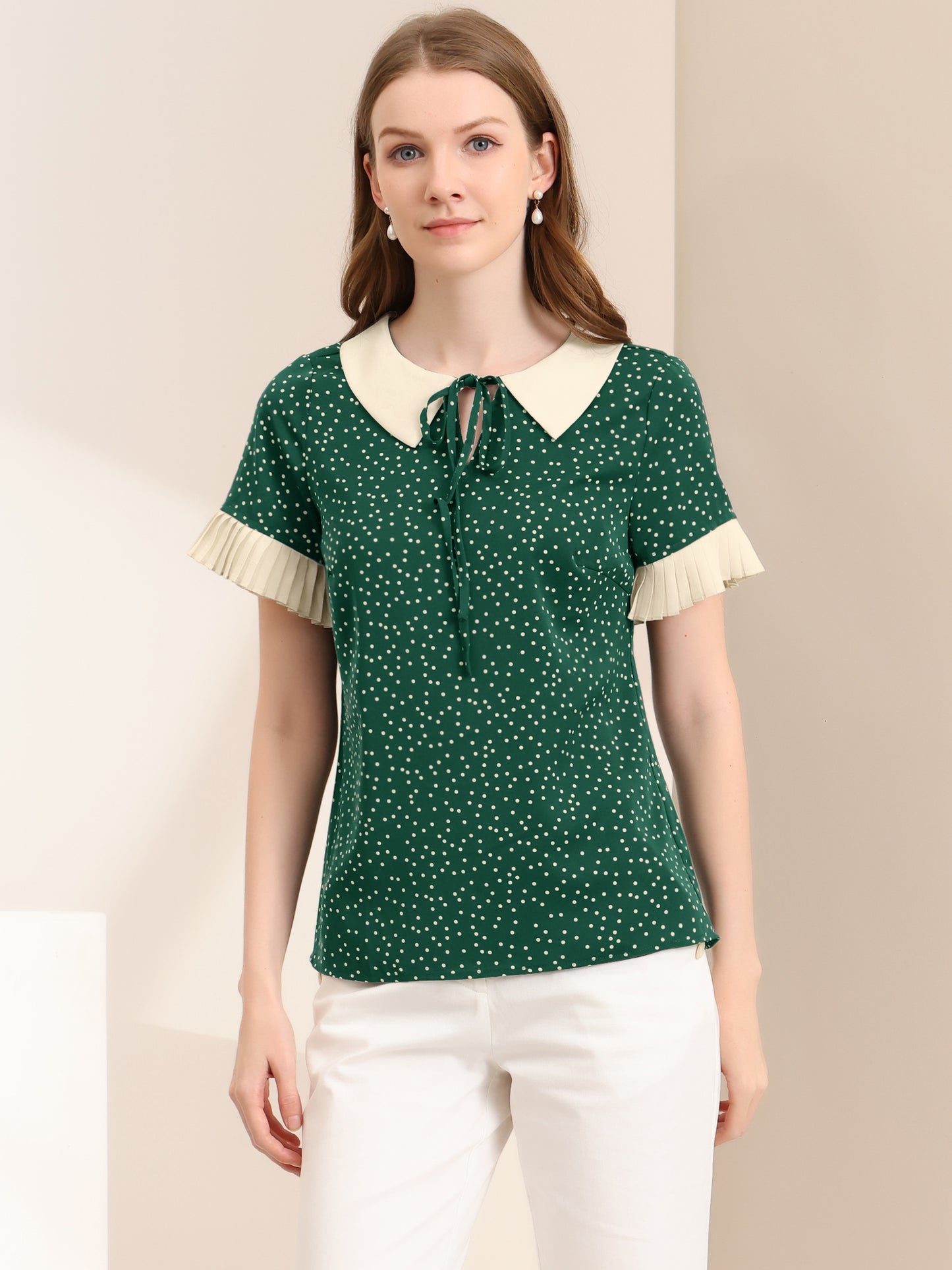 Women's Contrast Doll Collar Polka Dots Short Sleeves Blouse Shirt Top