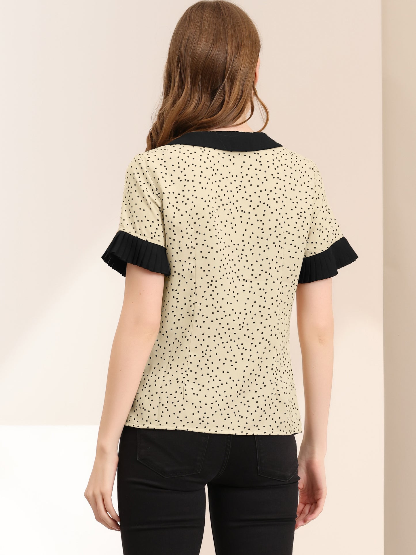 Women's Contrast Doll Collar Polka Dots Short Sleeves Blouse Shirt Top