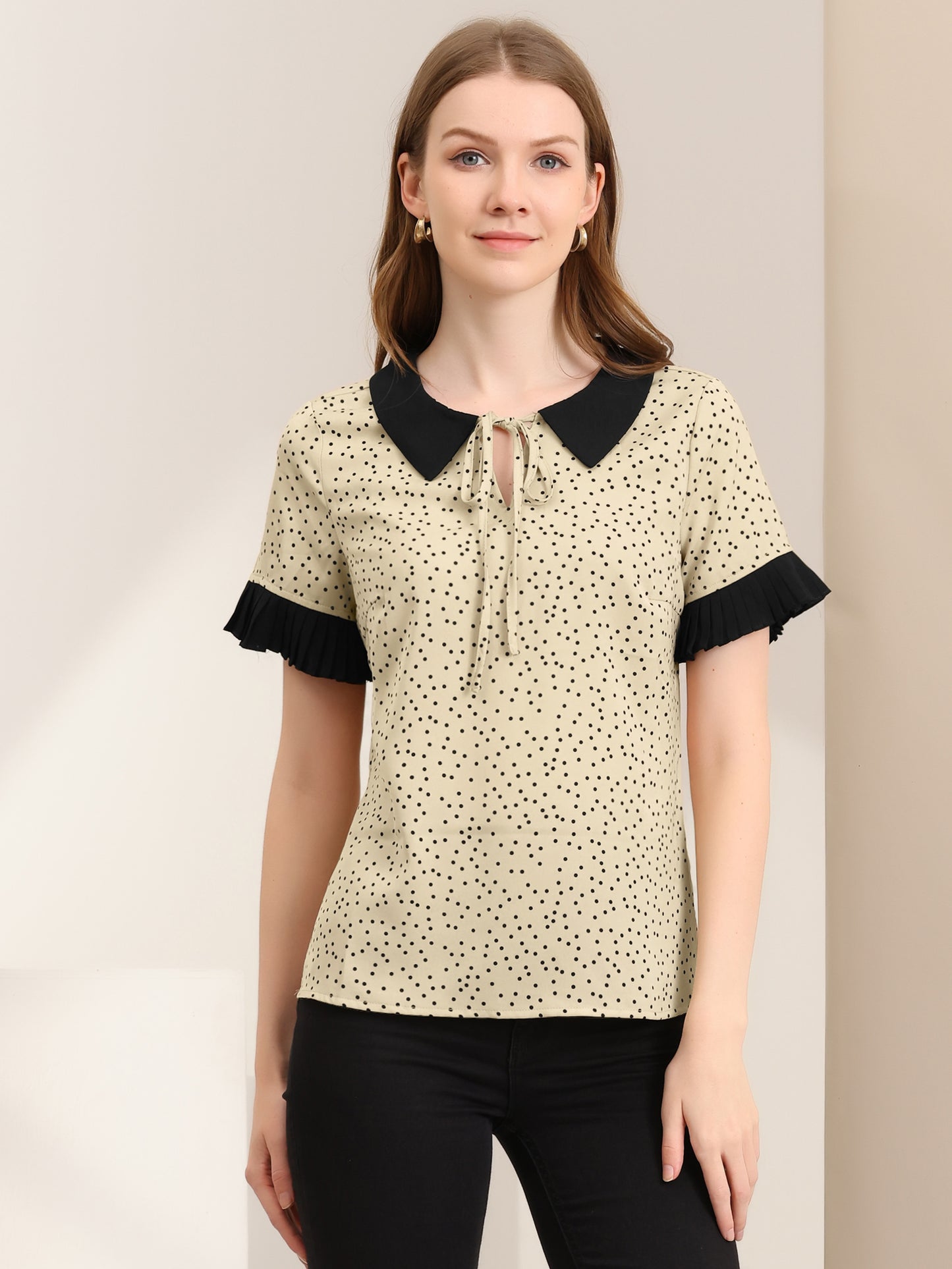Women's Contrast Doll Collar Polka Dots Short Sleeves Blouse Shirt Top