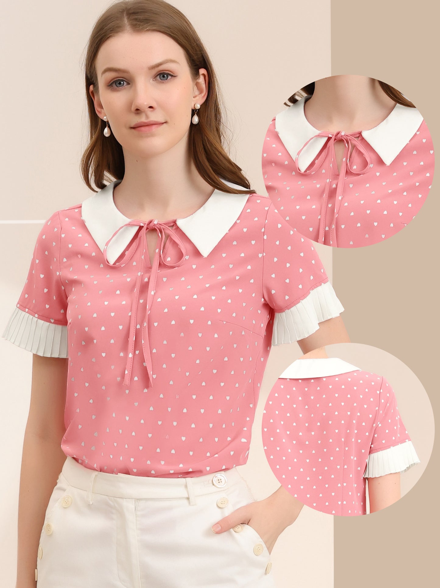 Women's Contrast Doll Collar Polka Dots Short Sleeves Blouse Shirt Top