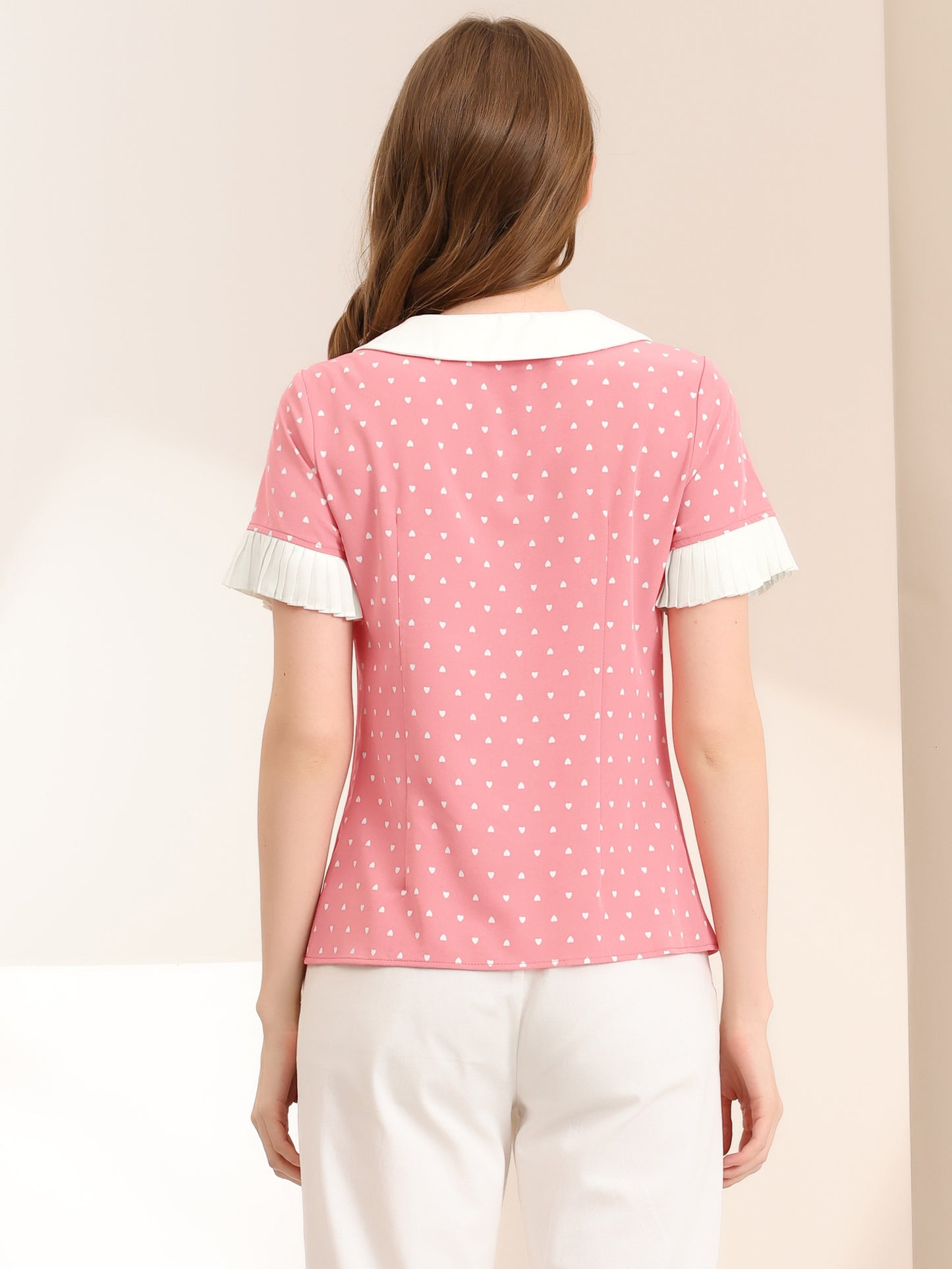 Women's Contrast Doll Collar Polka Dots Short Sleeves Blouse Shirt Top