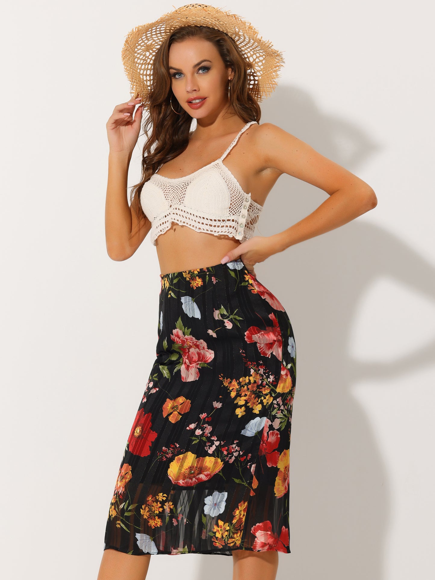 Women's Floral Chiffon High Waist Midi Pencil Skirt