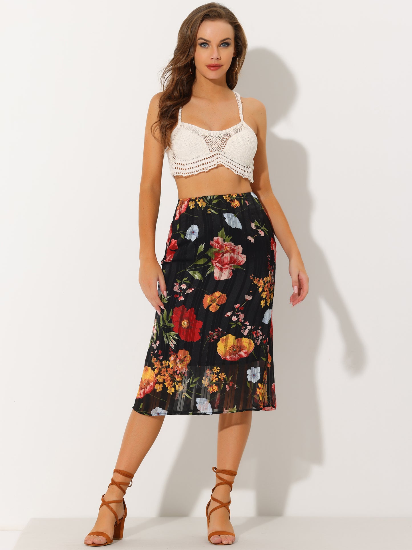 Women's Floral Chiffon High Waist Midi Pencil Skirt