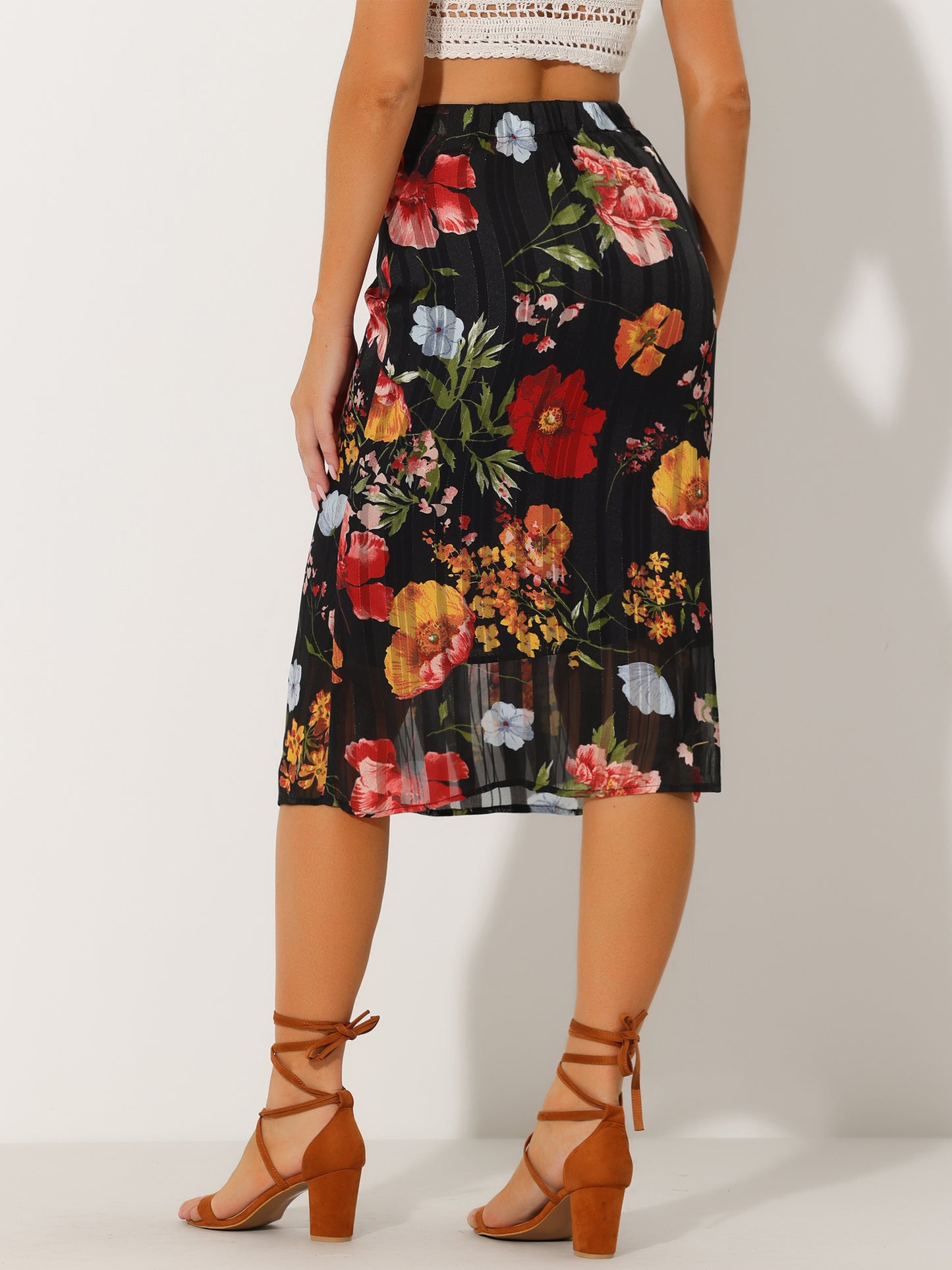 Women's Floral Chiffon High Waist Midi Pencil Skirt