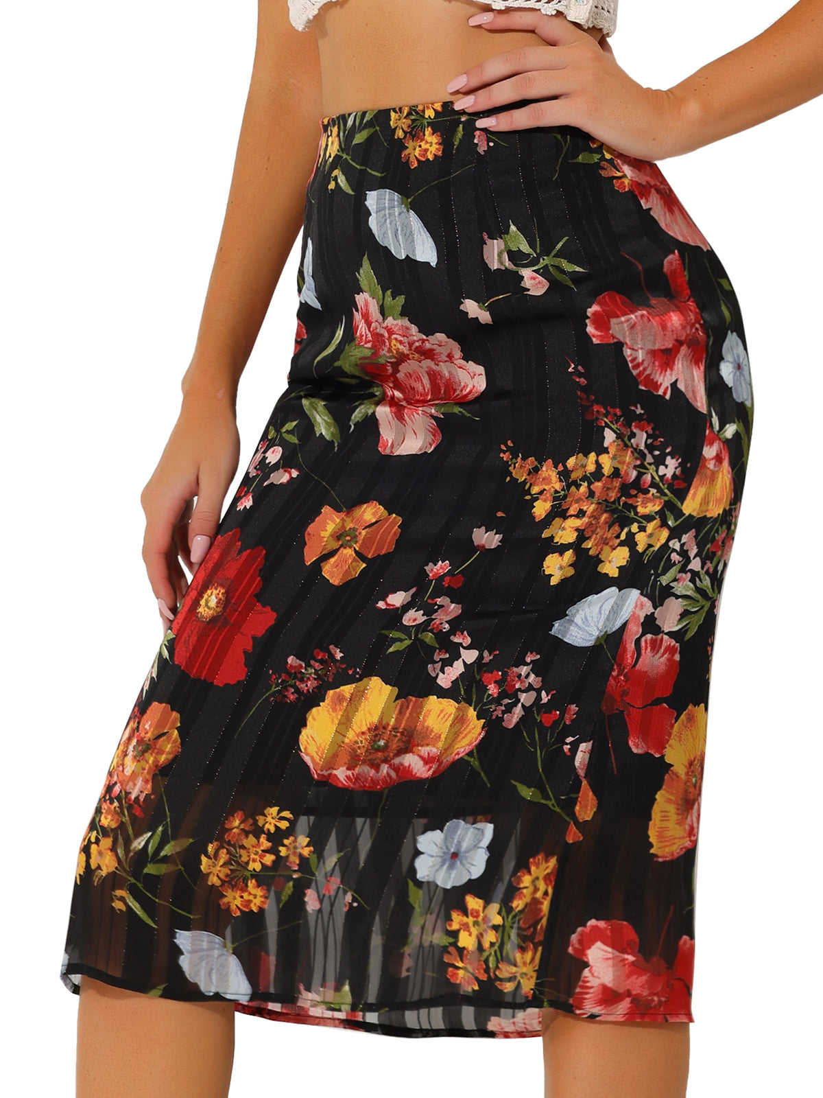 Women's Floral Chiffon High Waist Midi Pencil Skirt