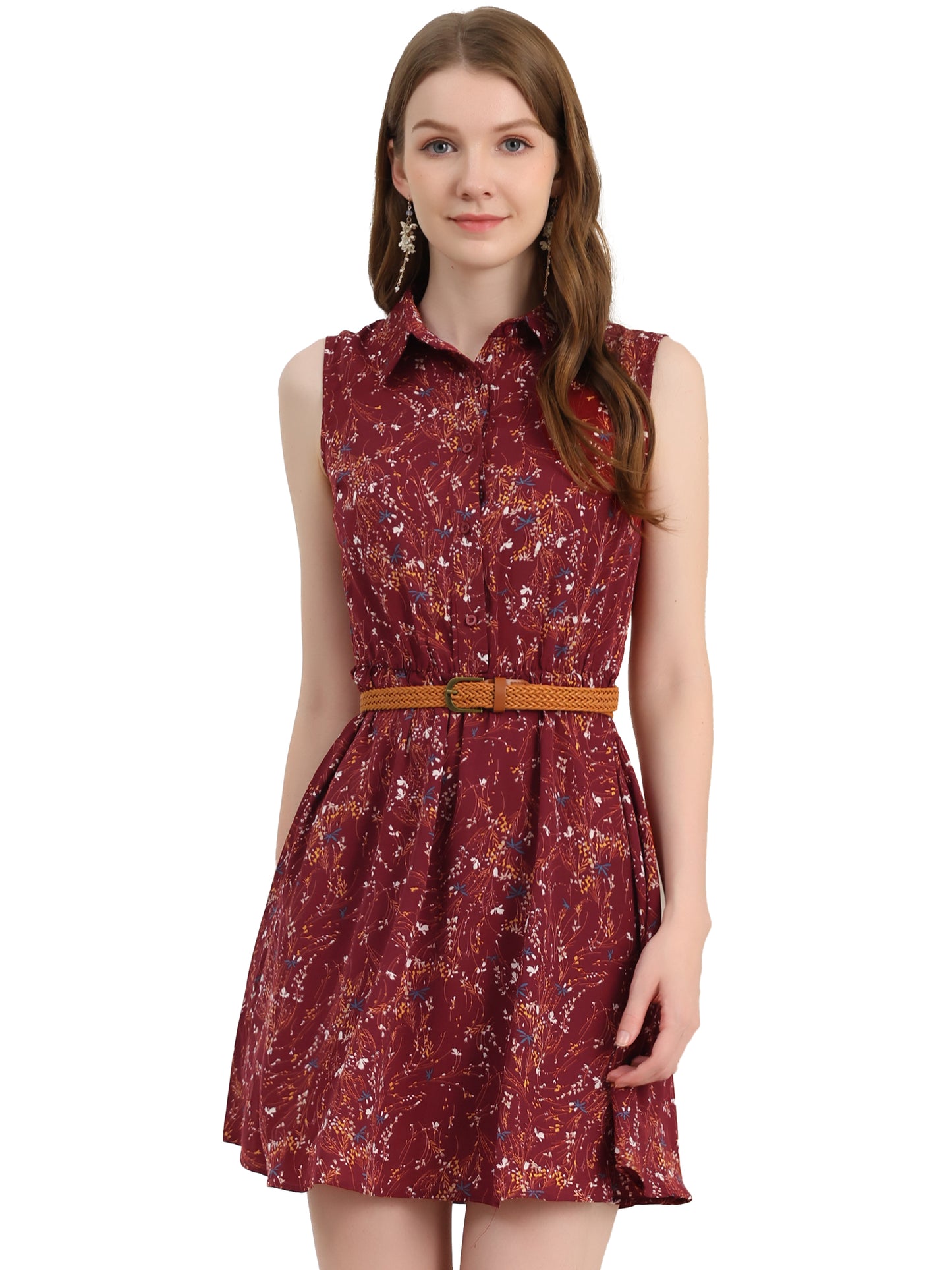 Women's Floral Printed Half Placket Above Knee Summer Sleeveless Belted Dress