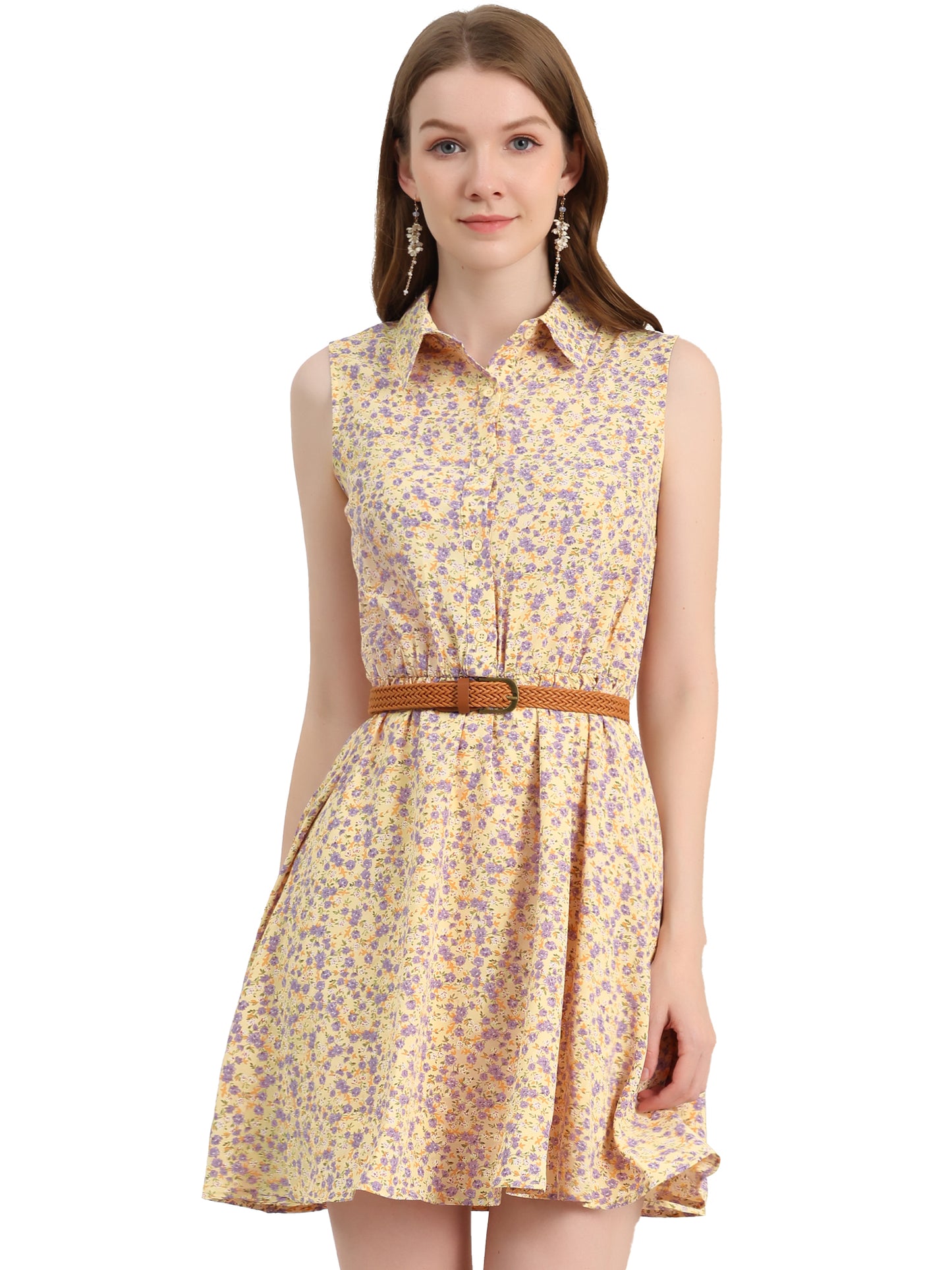 Women's Floral Printed Half Placket Above Knee Summer Sleeveless Belted Dress
