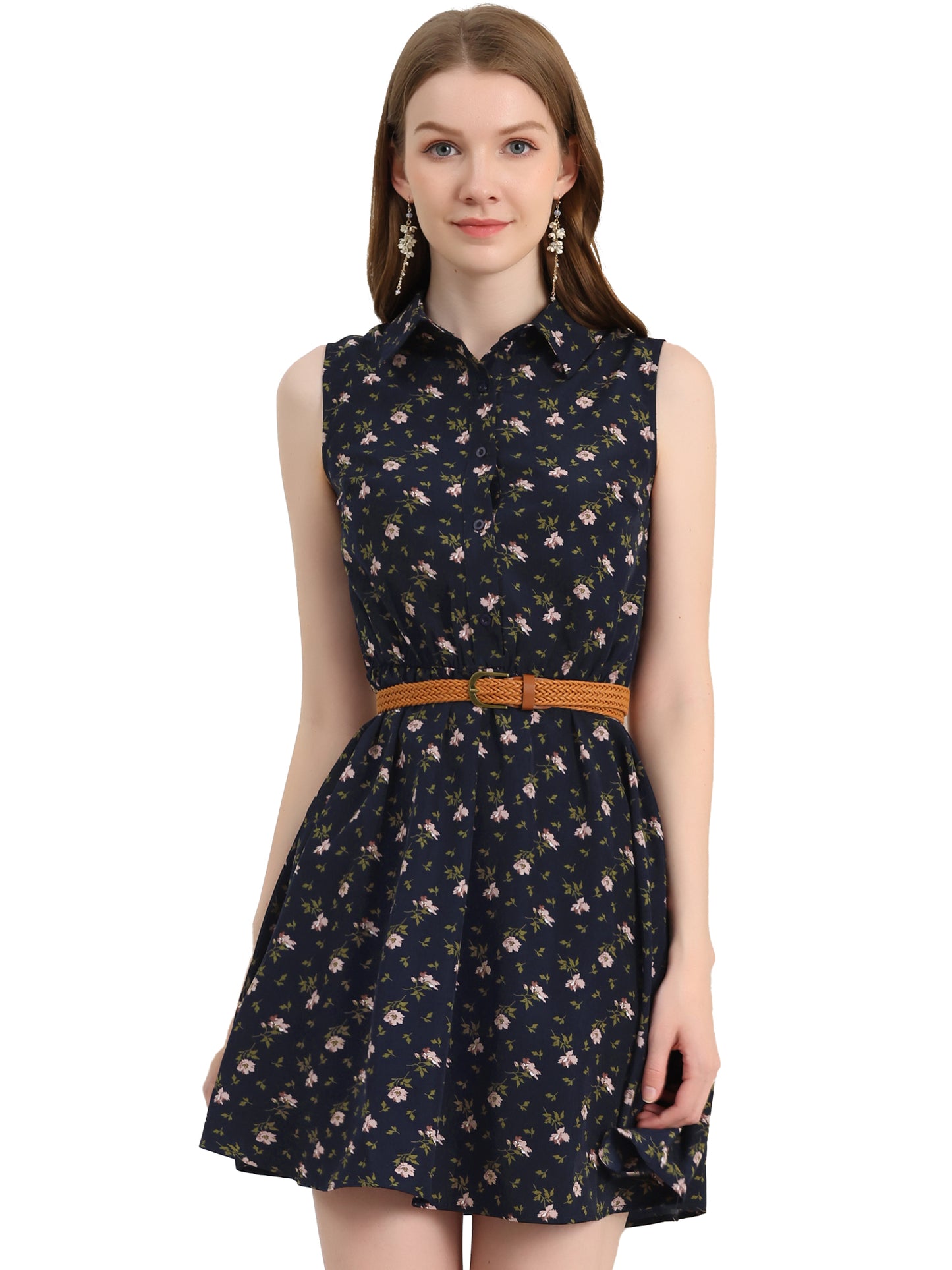 Women's Floral Printed Half Placket Above Knee Summer Sleeveless Belted Dress