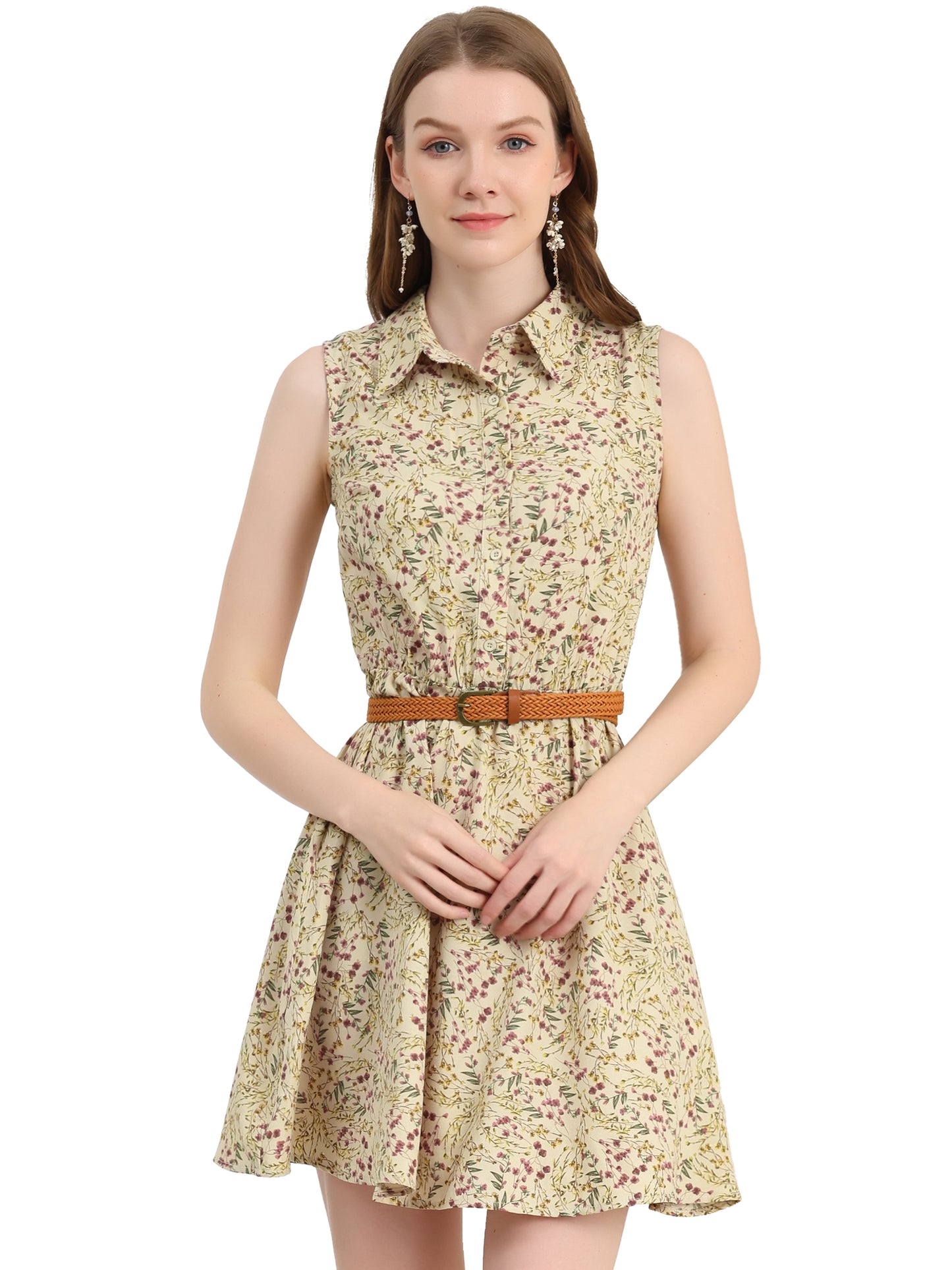 Women's Floral Printed Half Placket Above Knee Summer Sleeveless Belted Dress