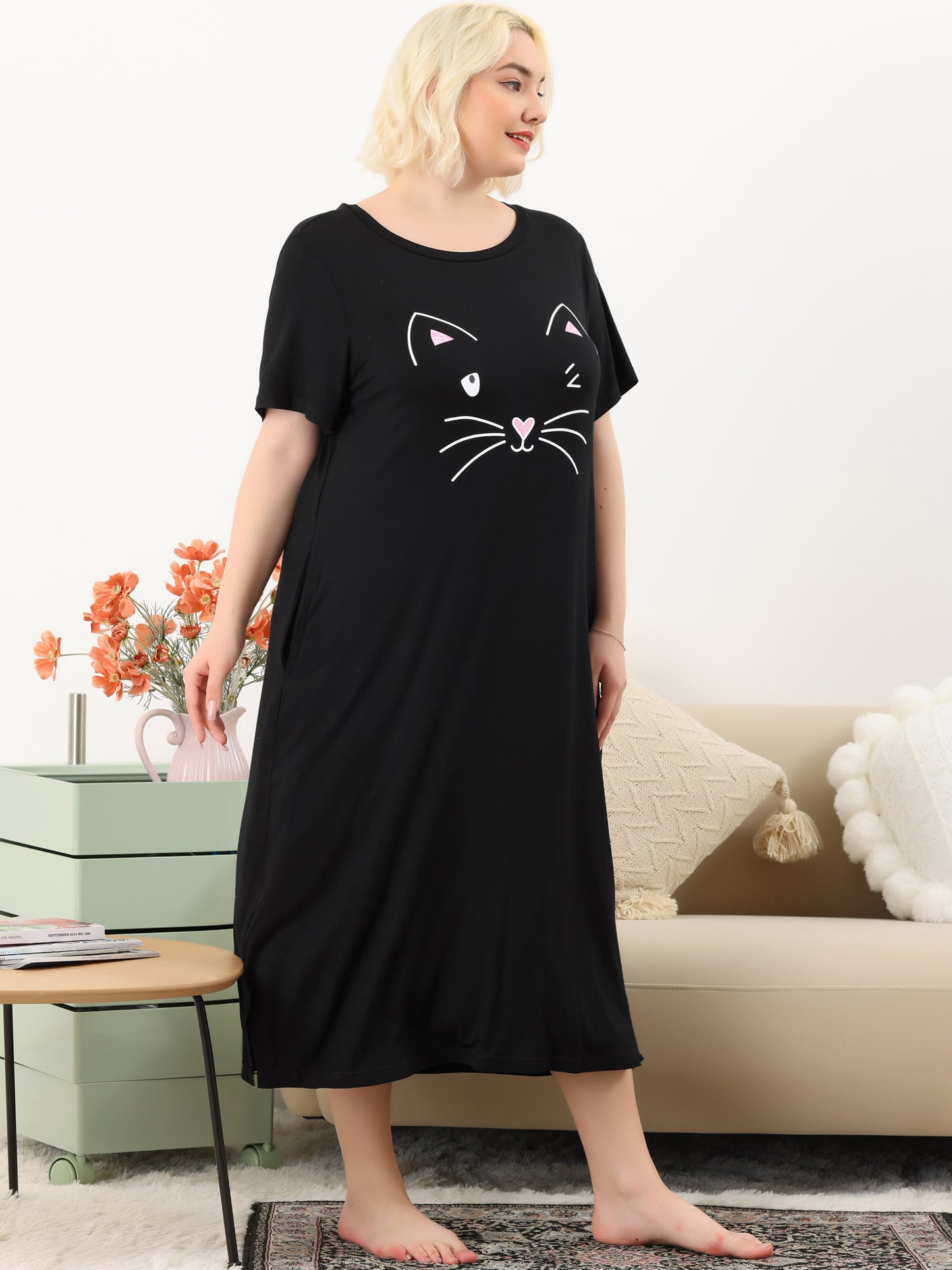 Women's Plus Size Nightgowns Pajama Dress Cute Cat Loose Loungewear with Pockets