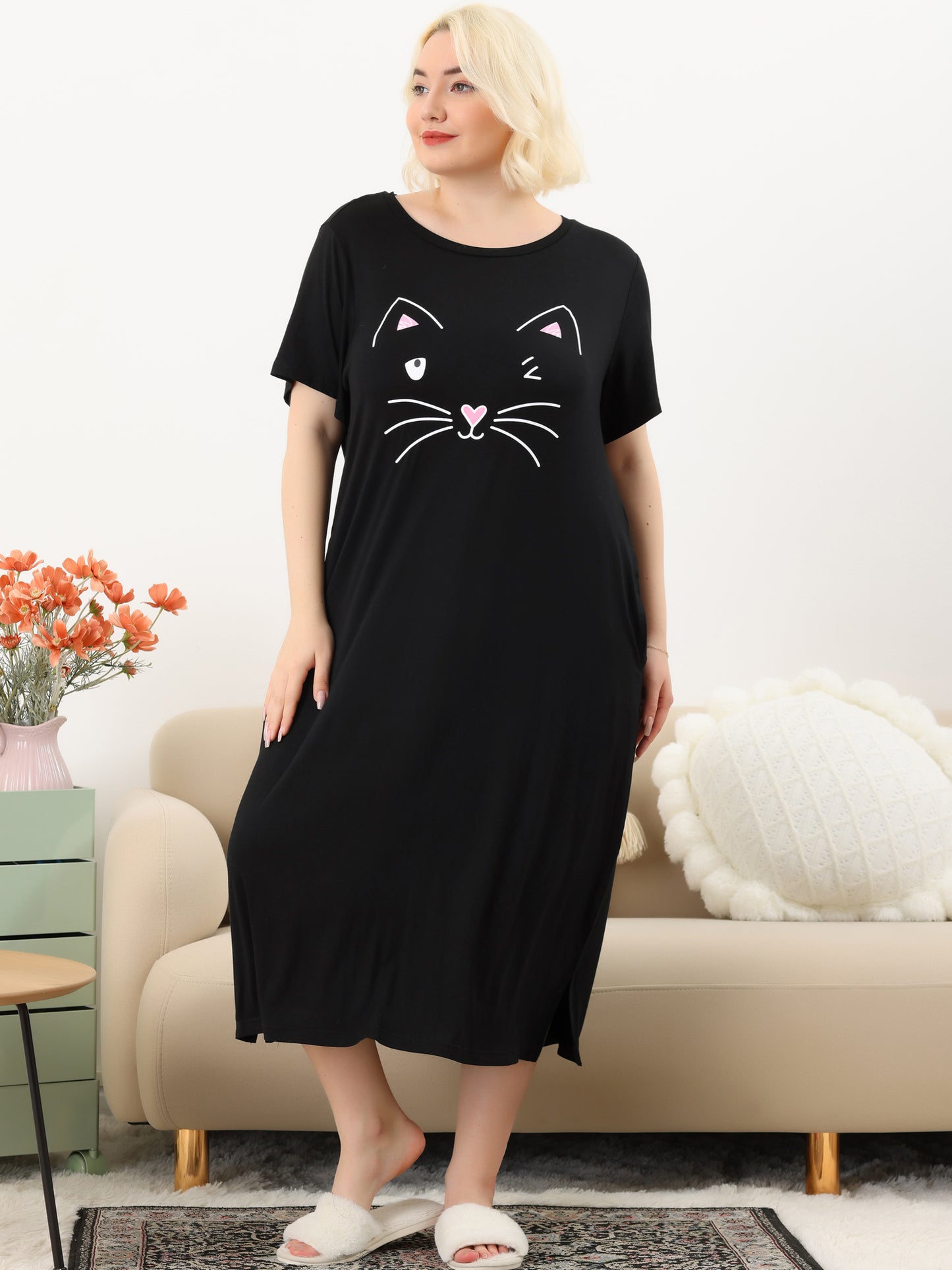 Women's Plus Size Nightgowns Pajama Dress Cute Cat Loose Loungewear with Pockets