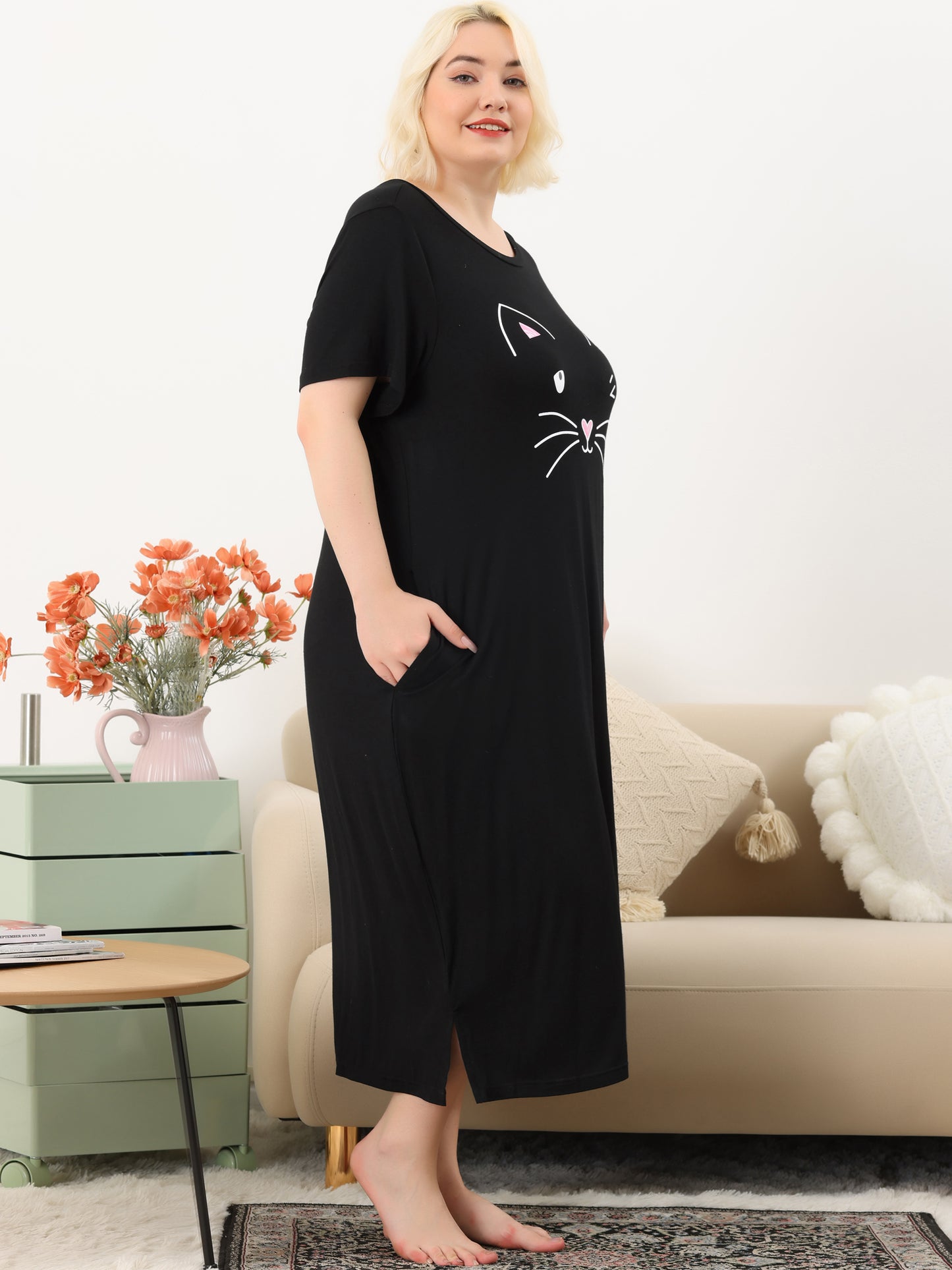 Women's Plus Size Nightgowns Pajama Dress Cute Cat Loose Loungewear with Pockets