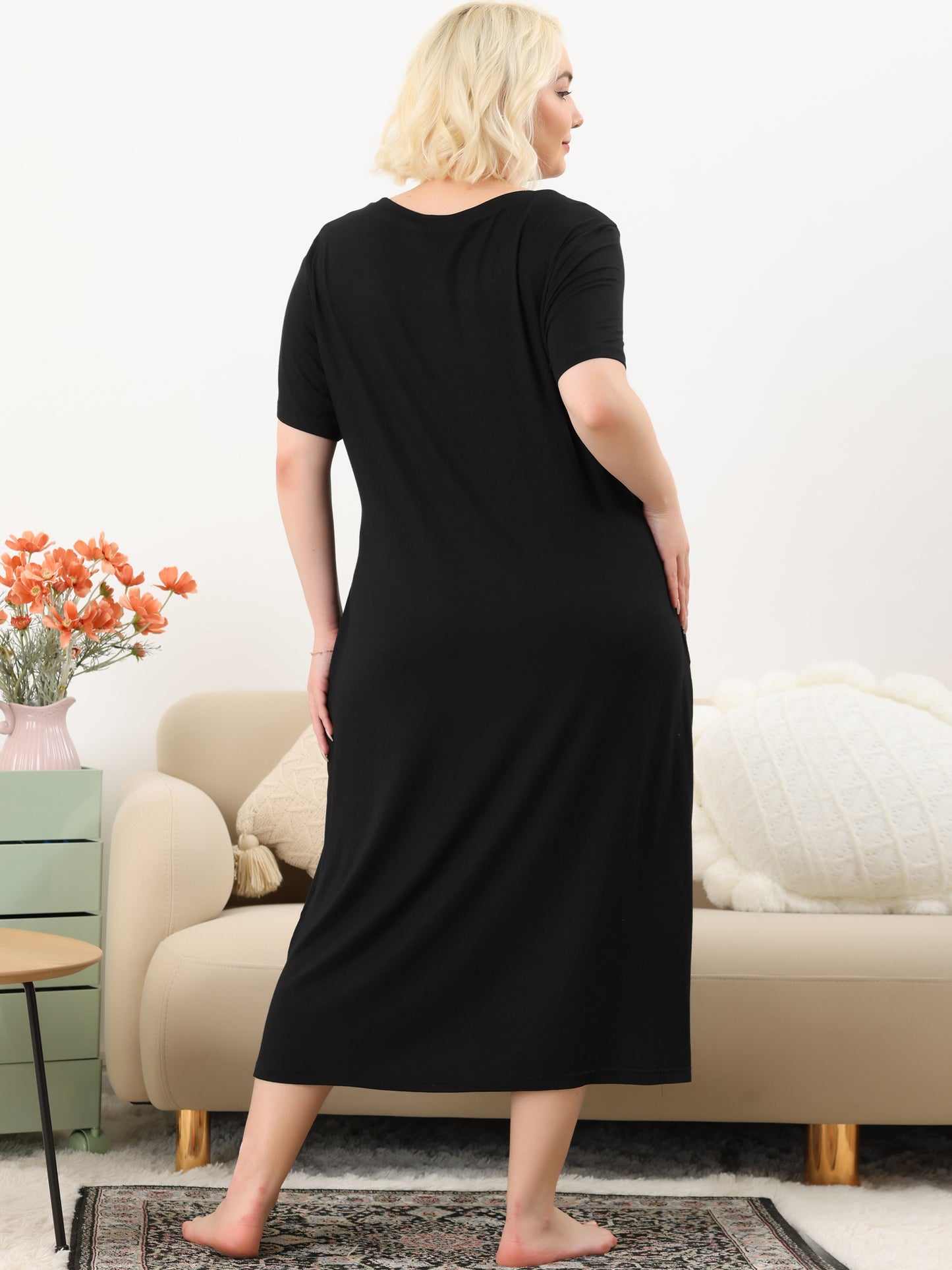 Women's Plus Size Nightgowns Pajama Dress Cute Cat Loose Loungewear with Pockets